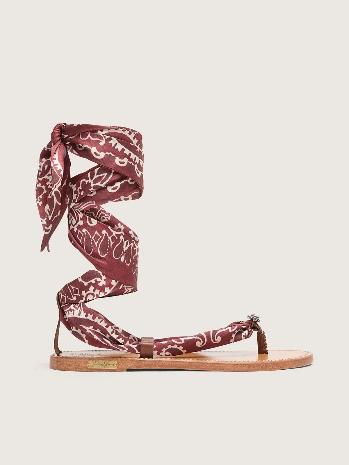 Women’s flat sandals with burgundy paisley pattern and jewel detail - 1