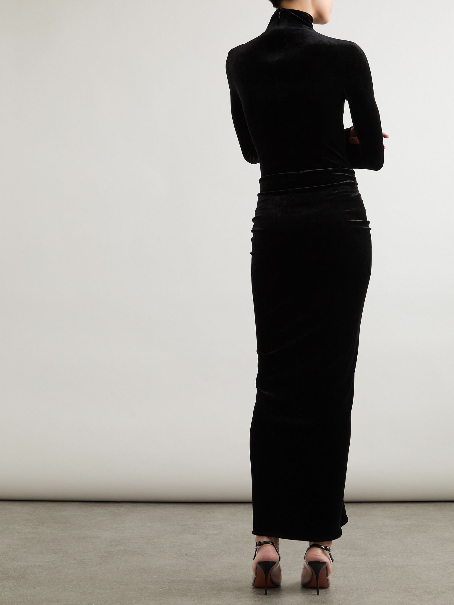Ruched crushed-velvet turtleneck midi dress Black - 3