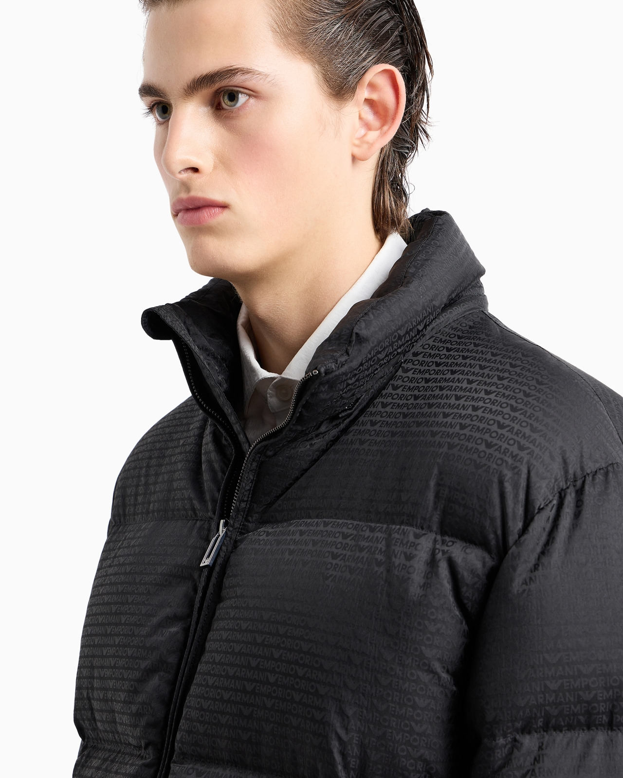 Zipped, hooded down jacket in jacquard nylon with all-over logo lettering - 5