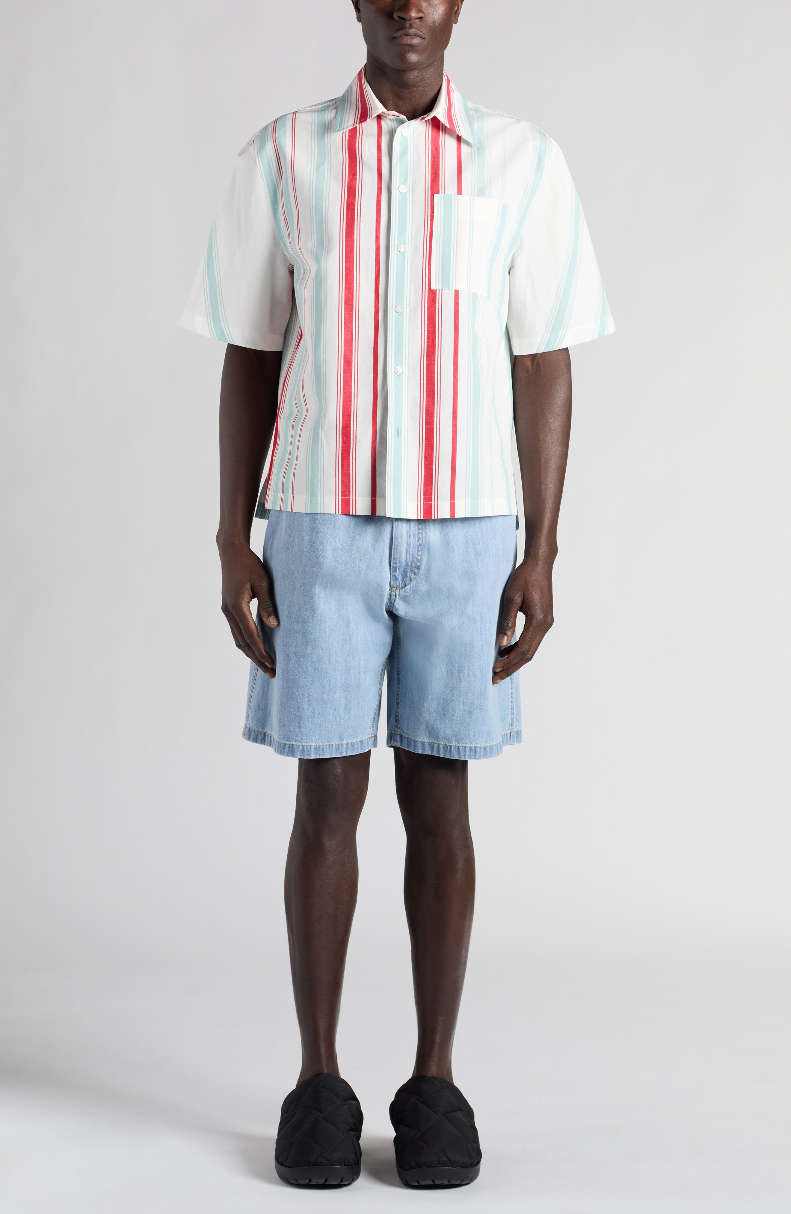 Bleached Denim Drawstring Waist Shorts - 2
