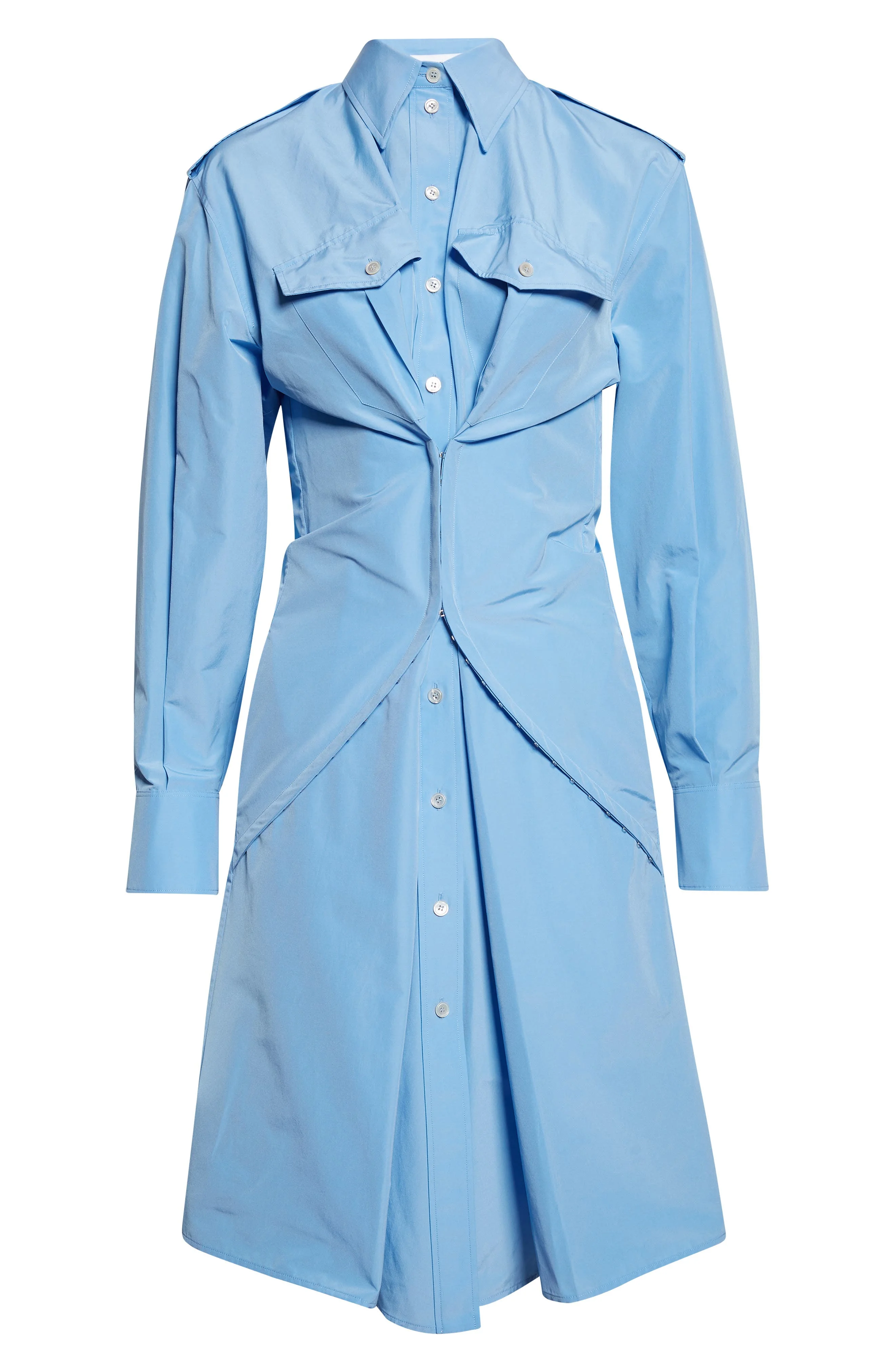 McQueen Long Sleeve Gathered Cotton Blend Shirtdress in Sky Blue at Nordstrom - 1
