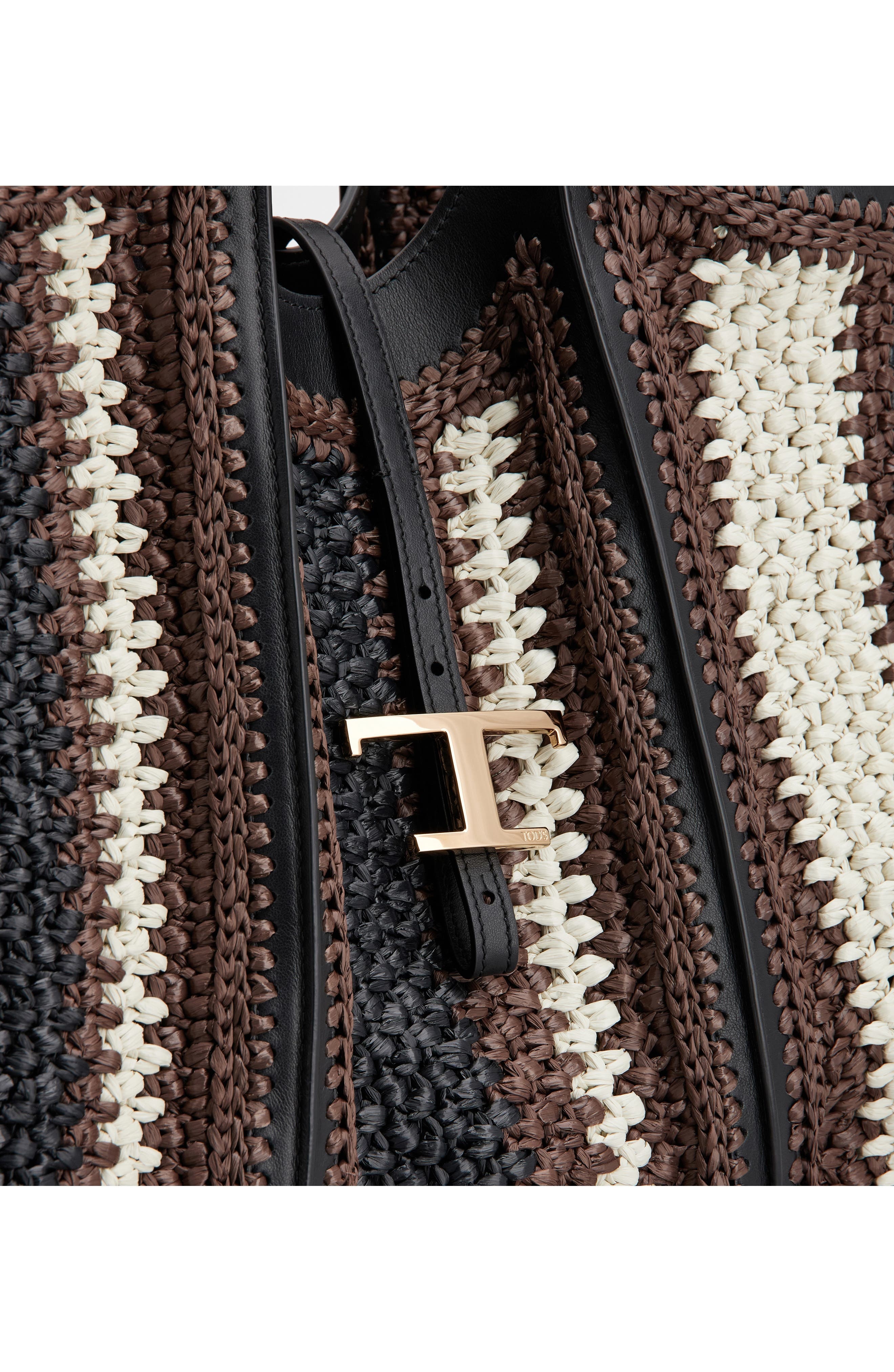 Tod's Medium T Timeless Crochet Raffia & Leather Shopping Bag in T.moro/Nero/Mastice at Nordstrom - 5