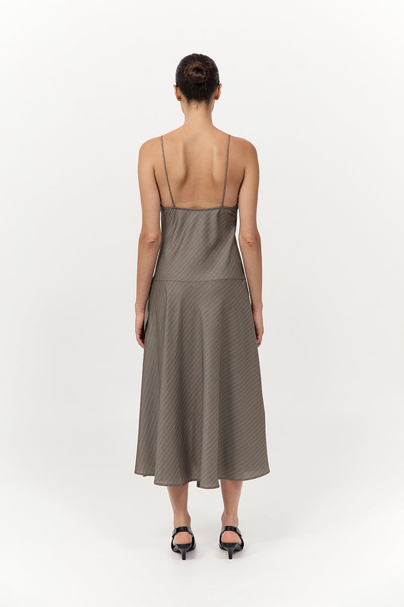Asymmetric Slip Dress - Khaki Pinstripe - 4