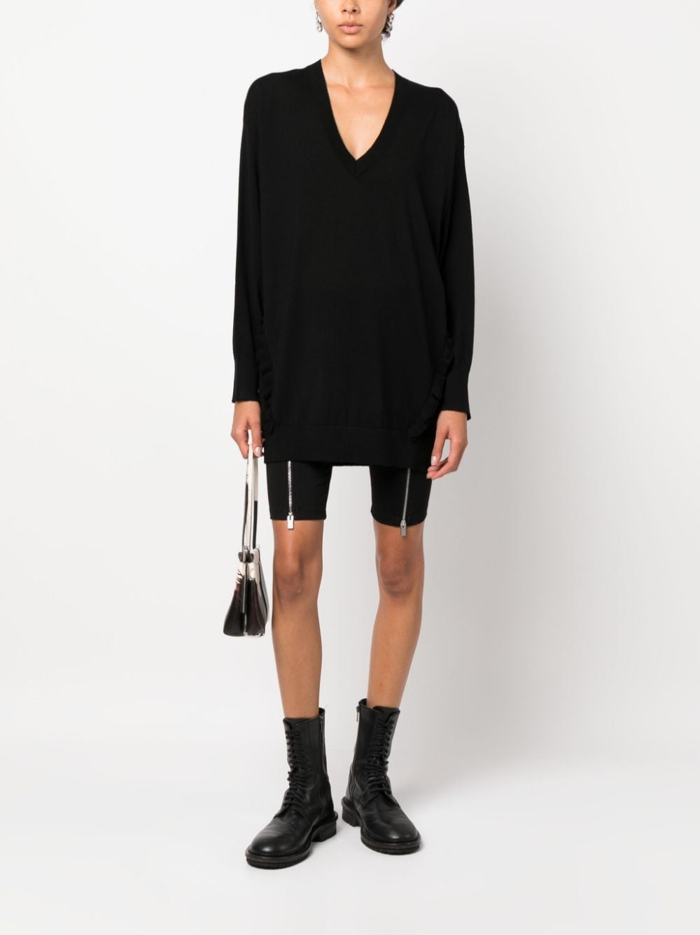 ruffle-detail V-neck wool jumper - 2