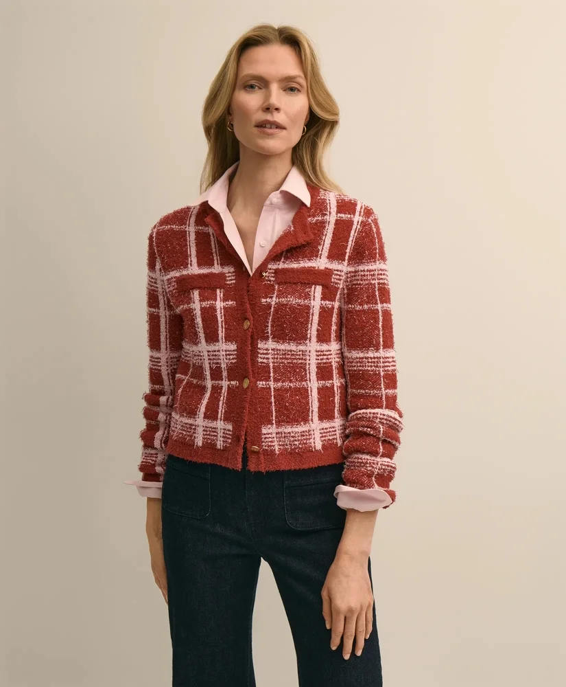 Cotton-Blend Soft Plaid Cardigan - 1