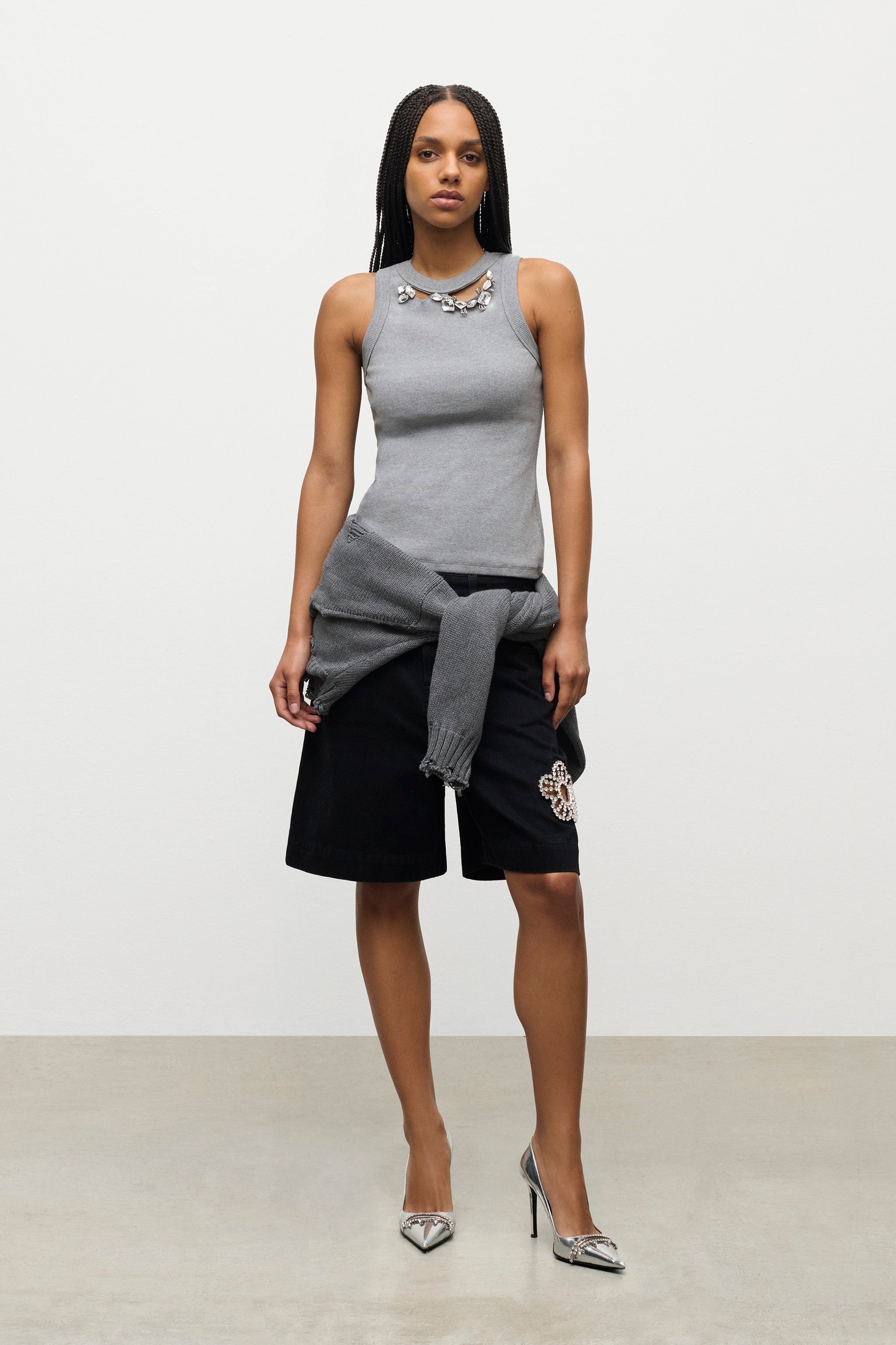 DISTRESSED CRYSTAL RIBBED KNIT TANK TOP - 3
