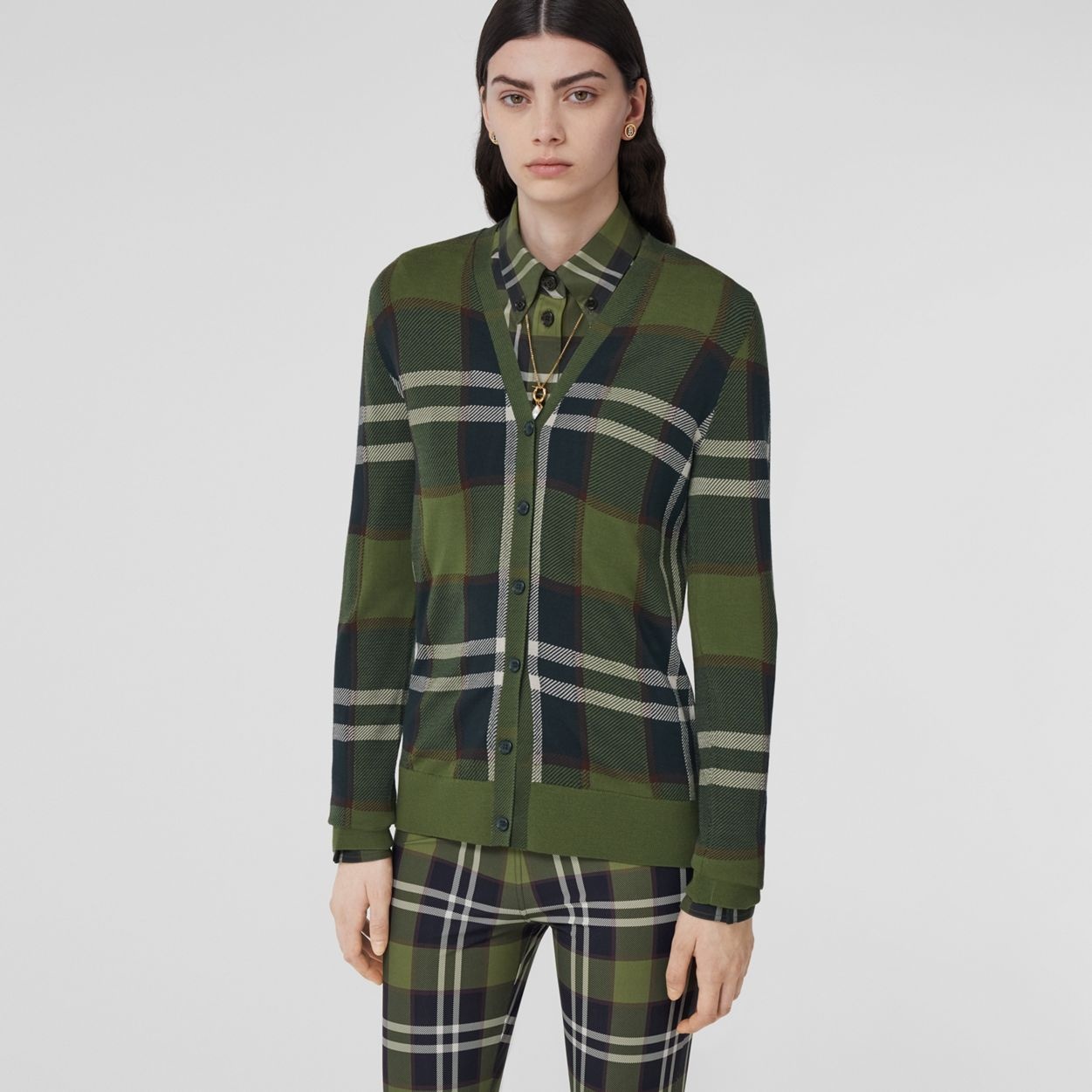 Check Intarsia Wool Silk Cotton Cardigan - 2