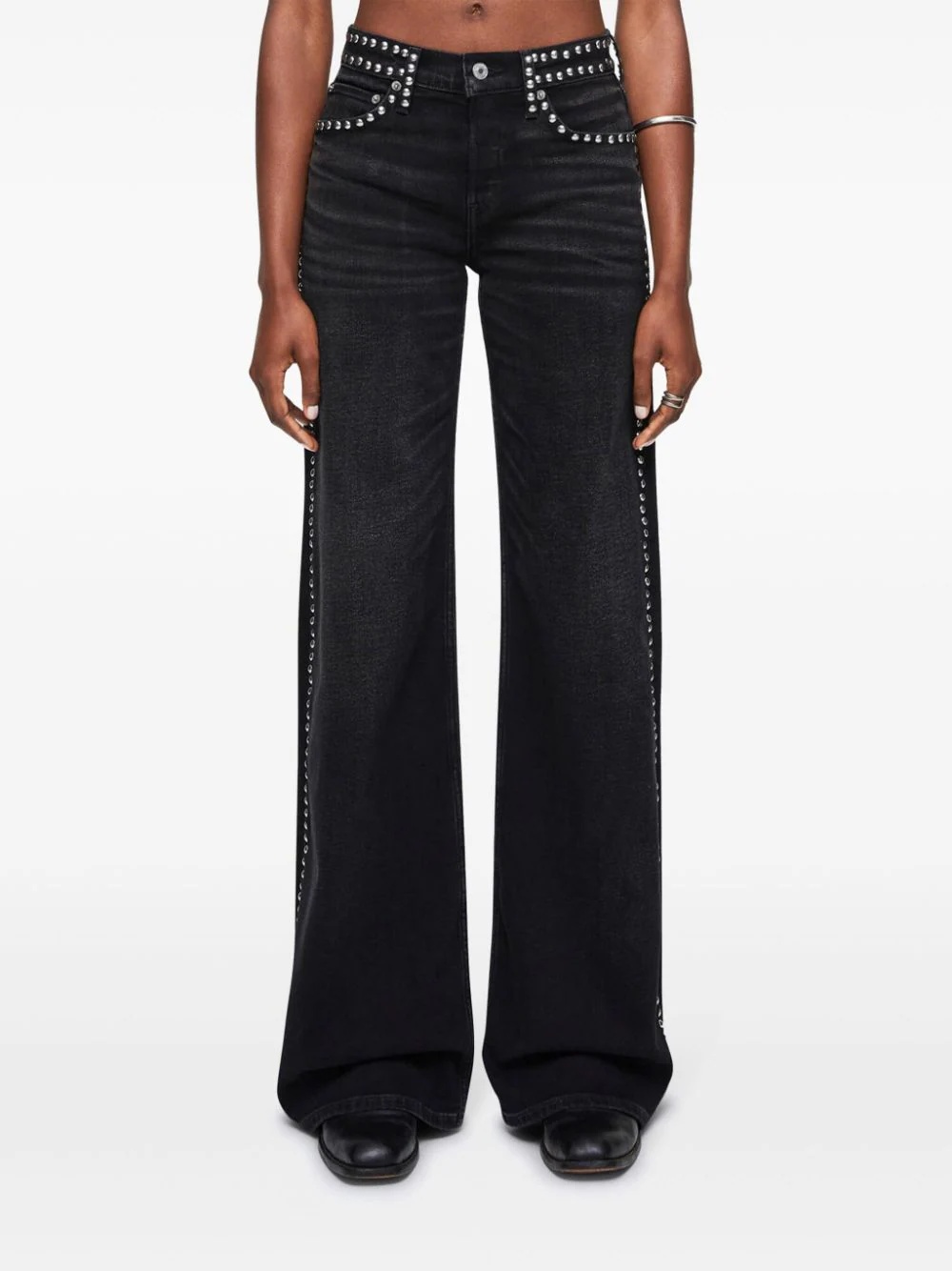 Studded Mid Rise Wide Leg Jeans - 3