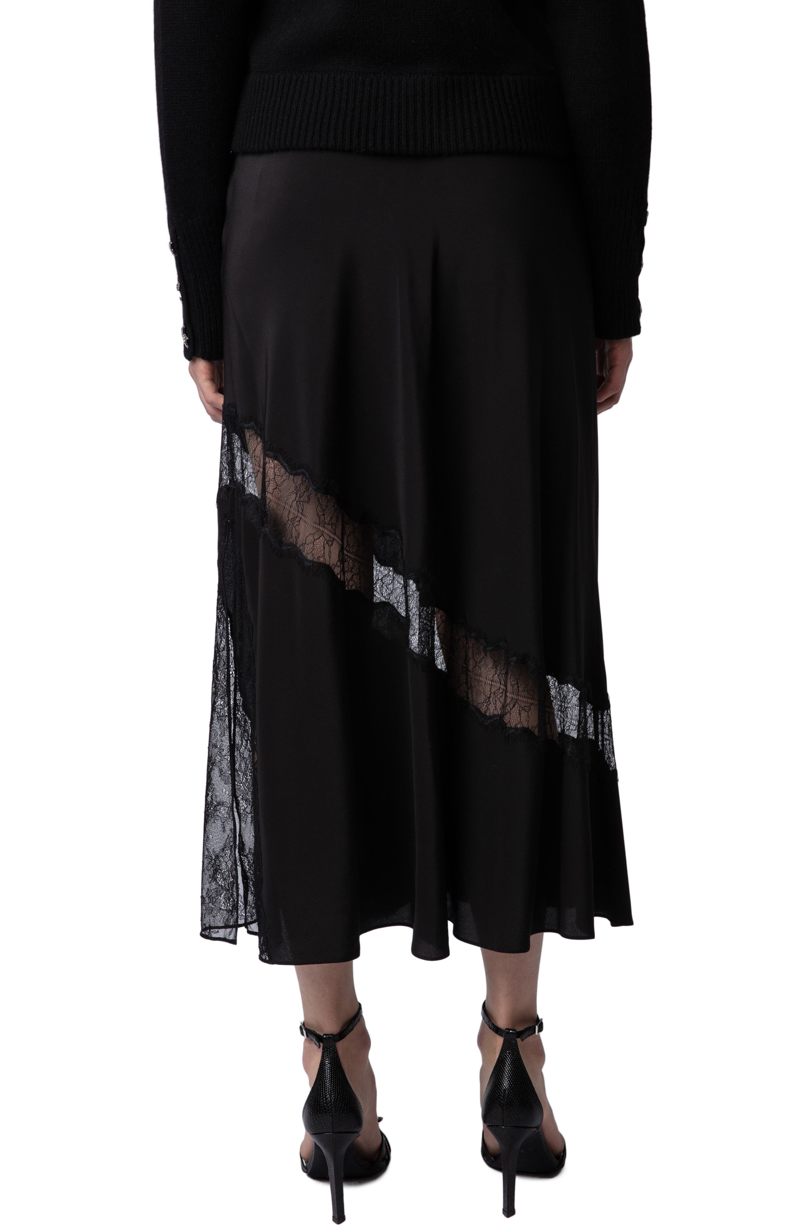 Zadig & Voltaire Jaylal Lace Trim Silk Maxi Skirt in Noir at Nordstrom - 2