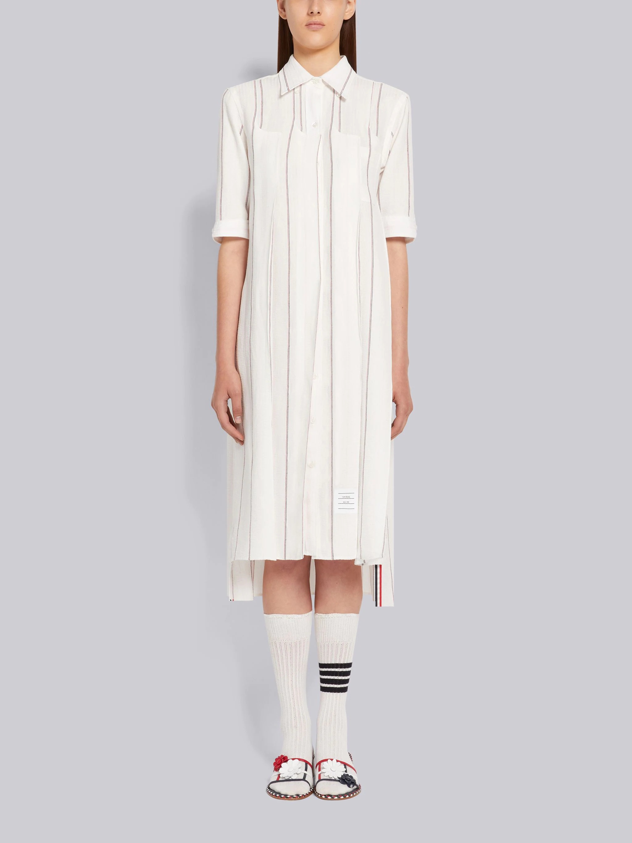 Light Pink Pinstripe Seersucker Linen Inverted Pleat Below The Knee Short Sleeve Shirtdress - 1