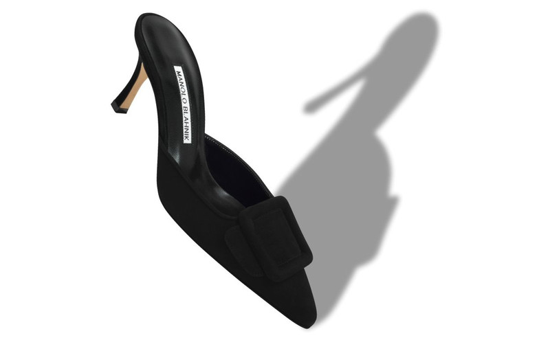 Manolo Blahnik Black Suede Buckle Mules outlook