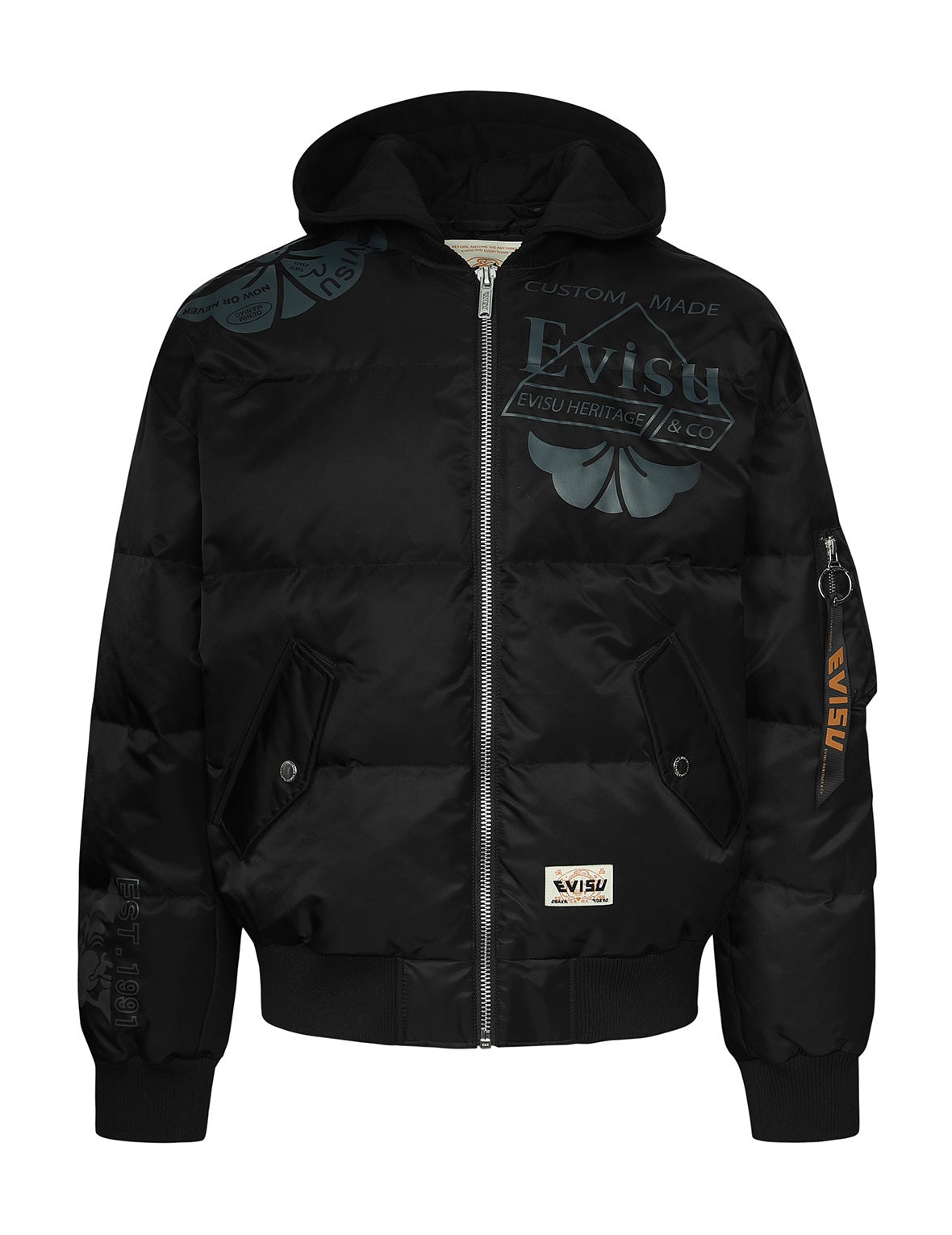 Logo and Kamon Print Loose Fit Bomber Down Jacket - 1