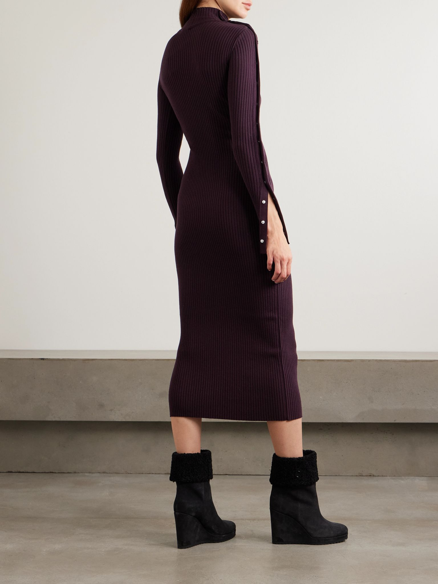 Embroidered ribbed-knit turtleneck midi dress Burgundy - 3