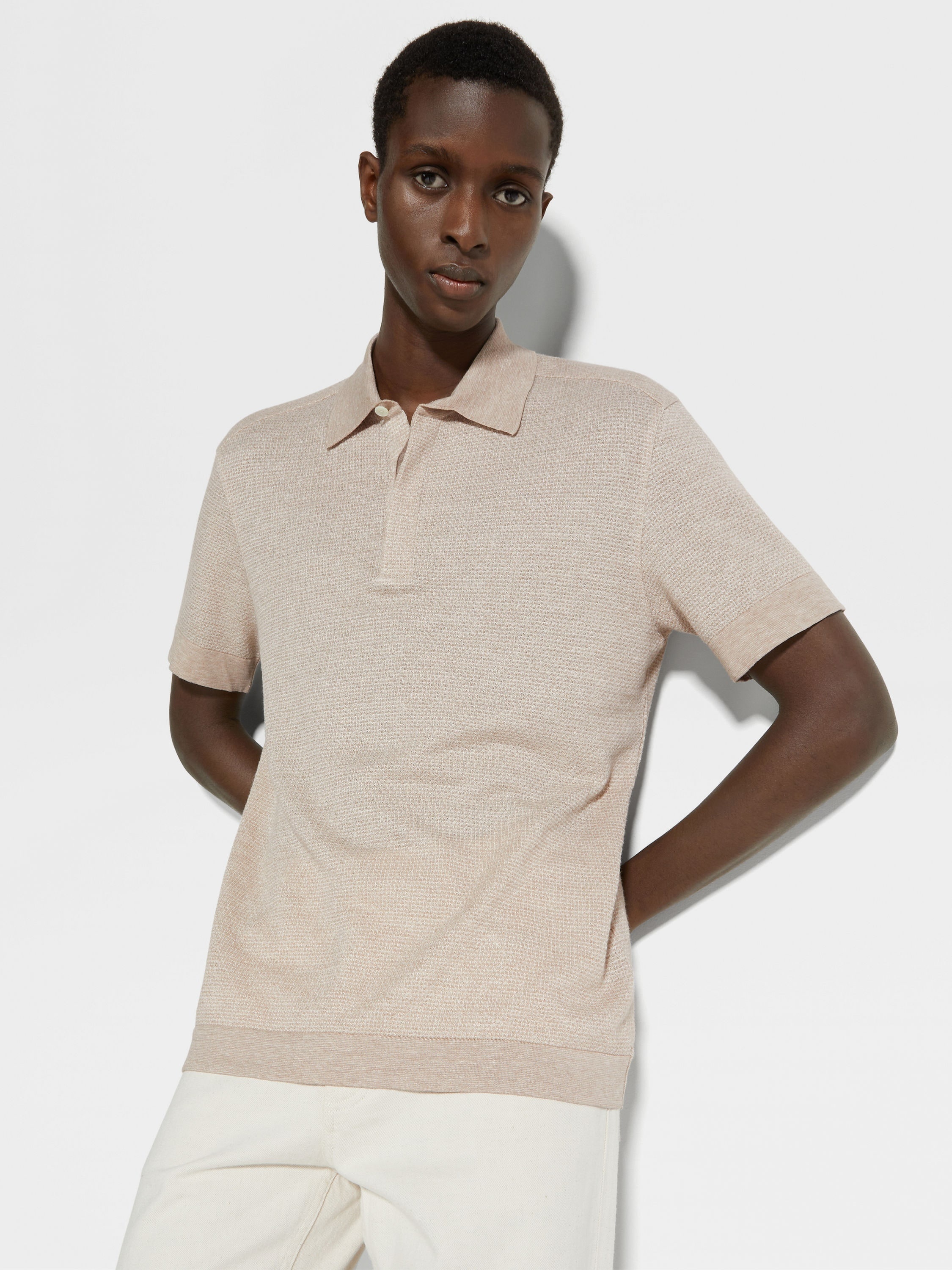 LIGHT BEIGE COTTON LINEN AND SILK POLO SHIRT - 3
