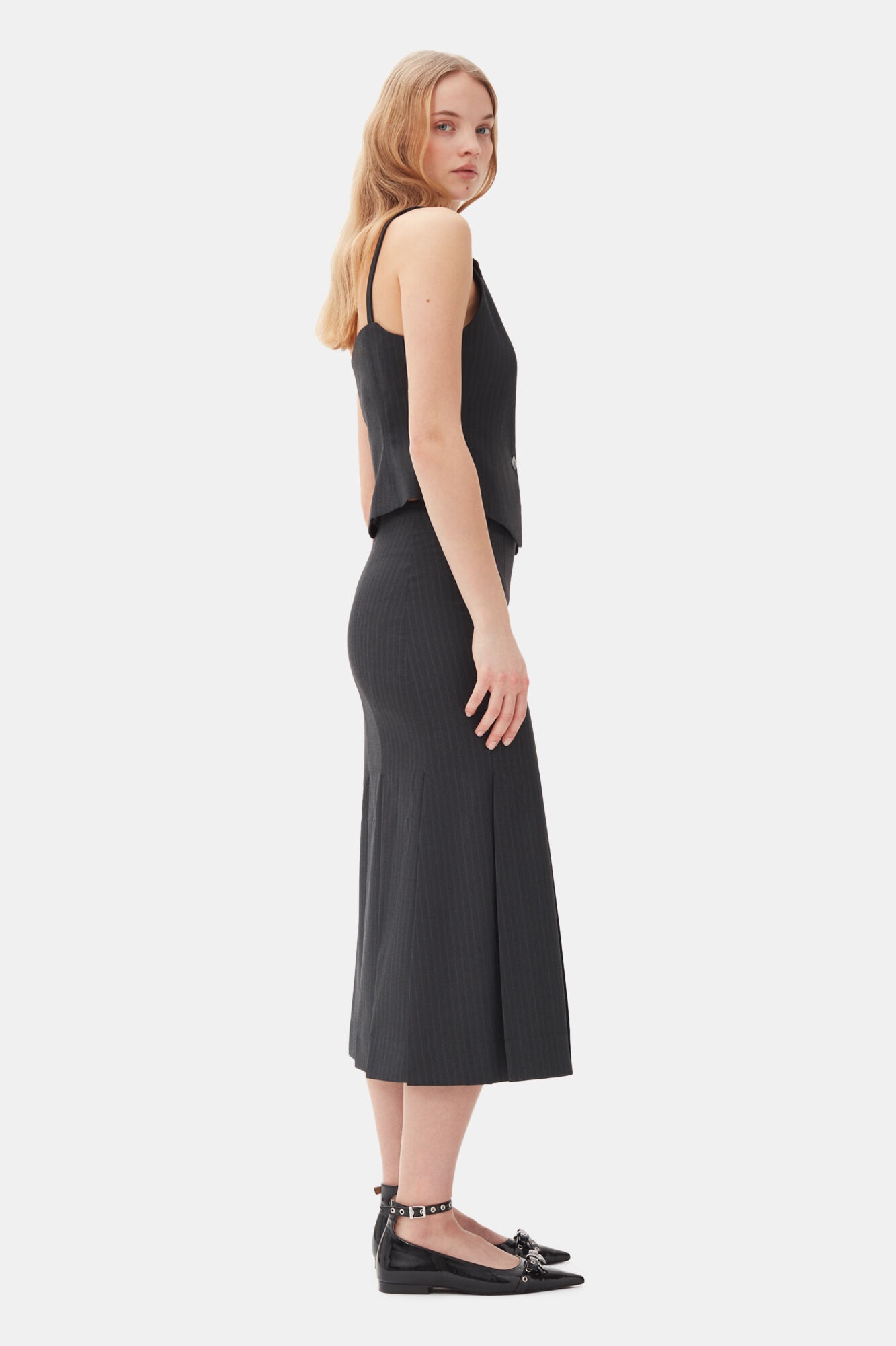DARK GREY STRIPE SUITING MIDI SKIRT - 3