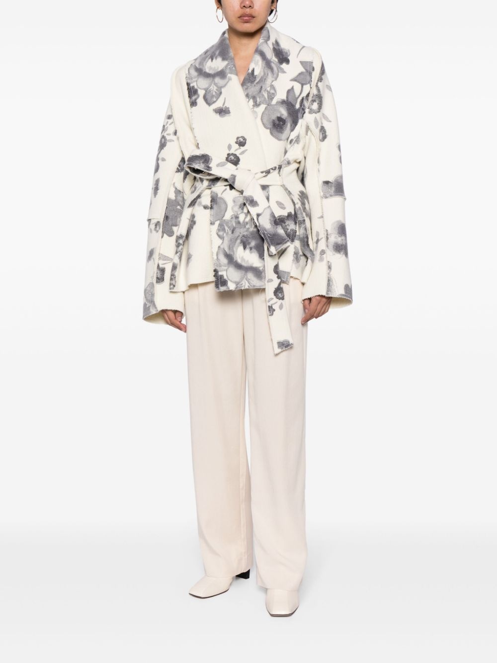 floral-print belted short coat - 2