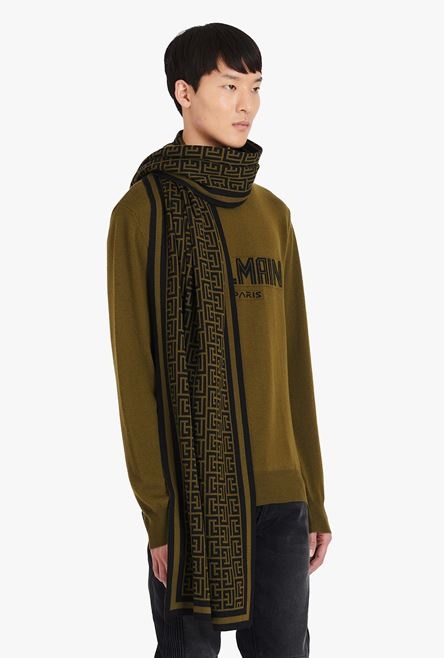 Khaki and black wool scarf with Balmain monogram pattern - 4
