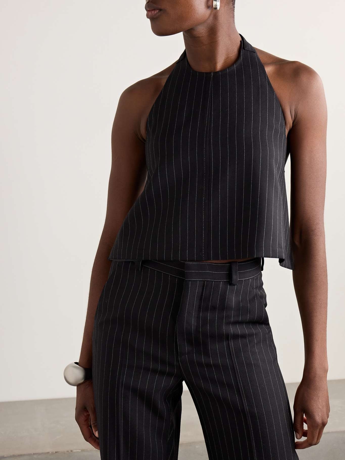 Open-back pinstriped wool-twill halterneck tank Black - 3
