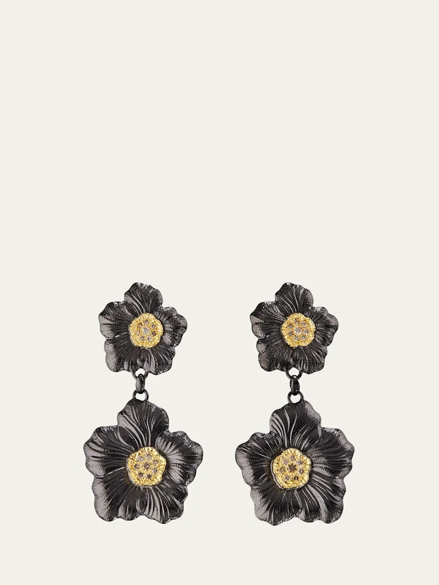 Blossom Gardenia Burnished Silver, Gold, Brown Diamond Drop Earrings - 1