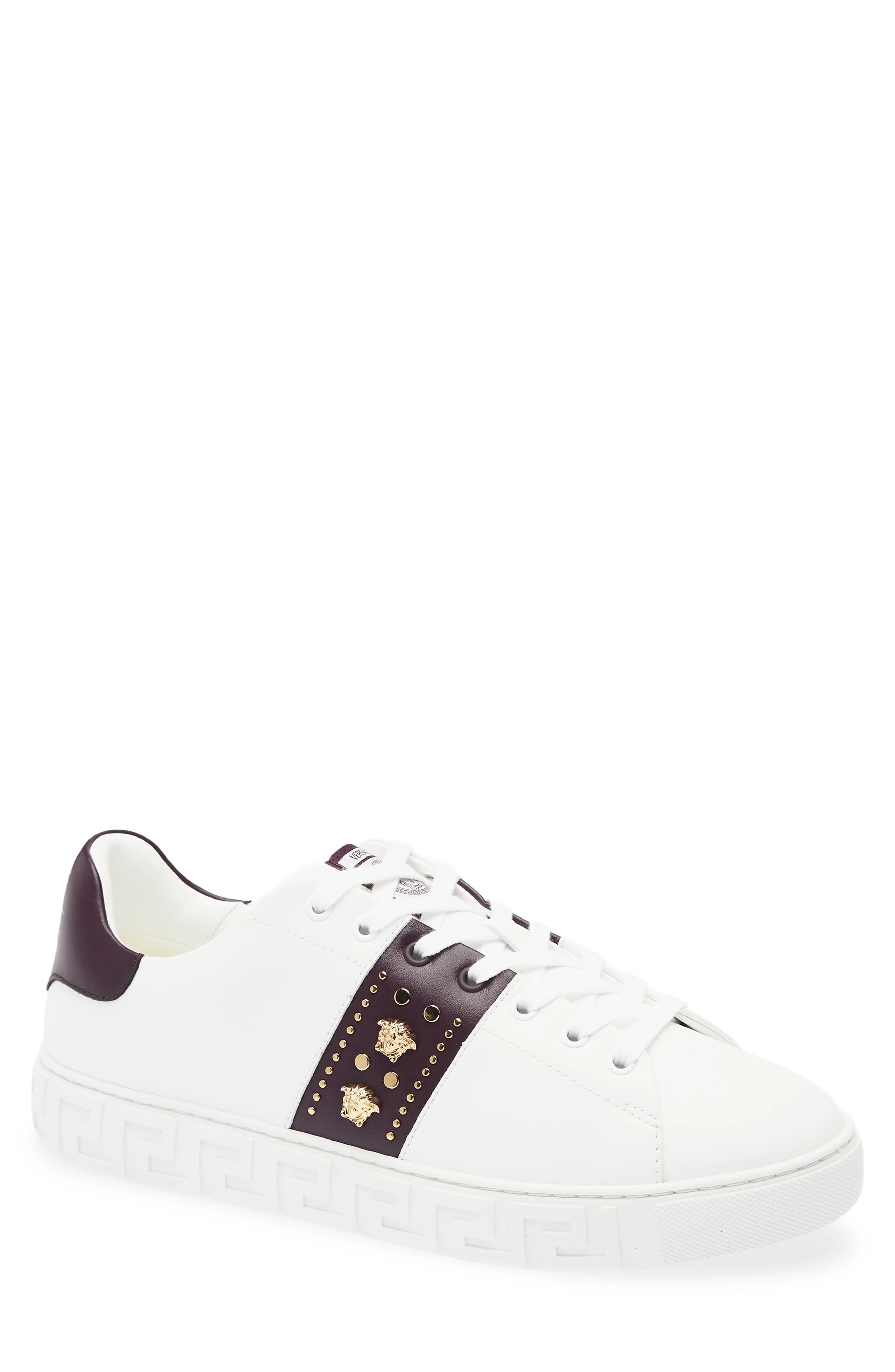 Versace Studded Greca Sneaker in White Mulberry Gold at Nordstrom - 1