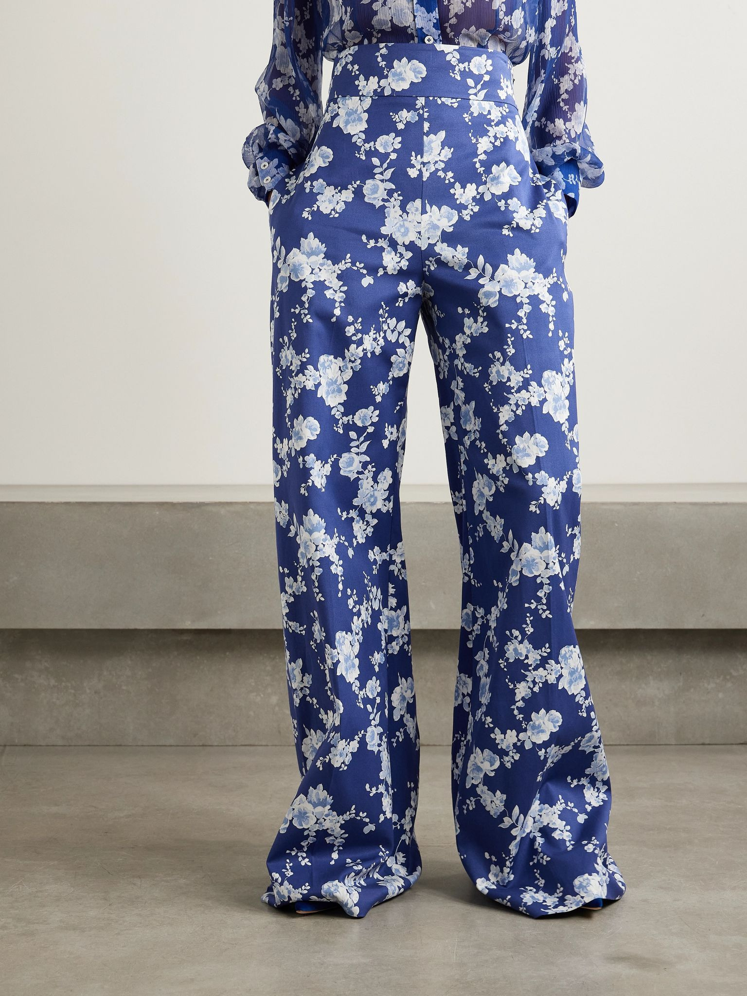 Floral-print twill wide-leg pants Bright blue - 3