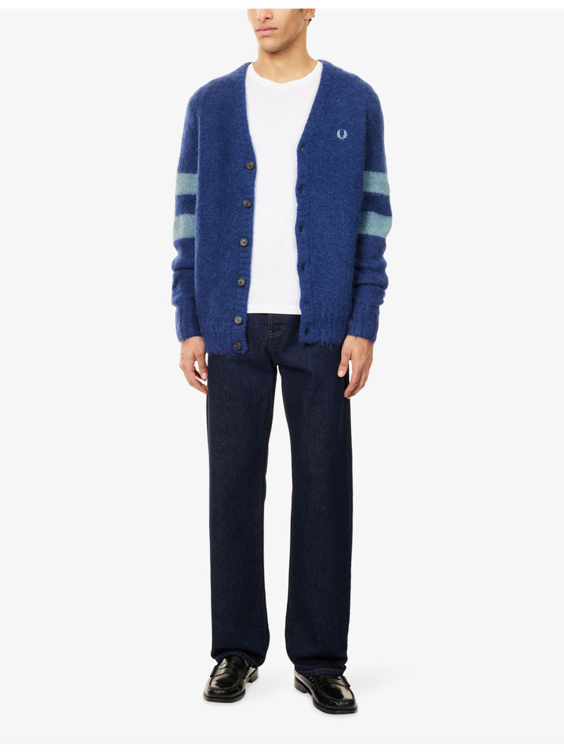 Fred Perry Logo-Embroidered Striped-Sleeve Wool Blend Cardigan outlook