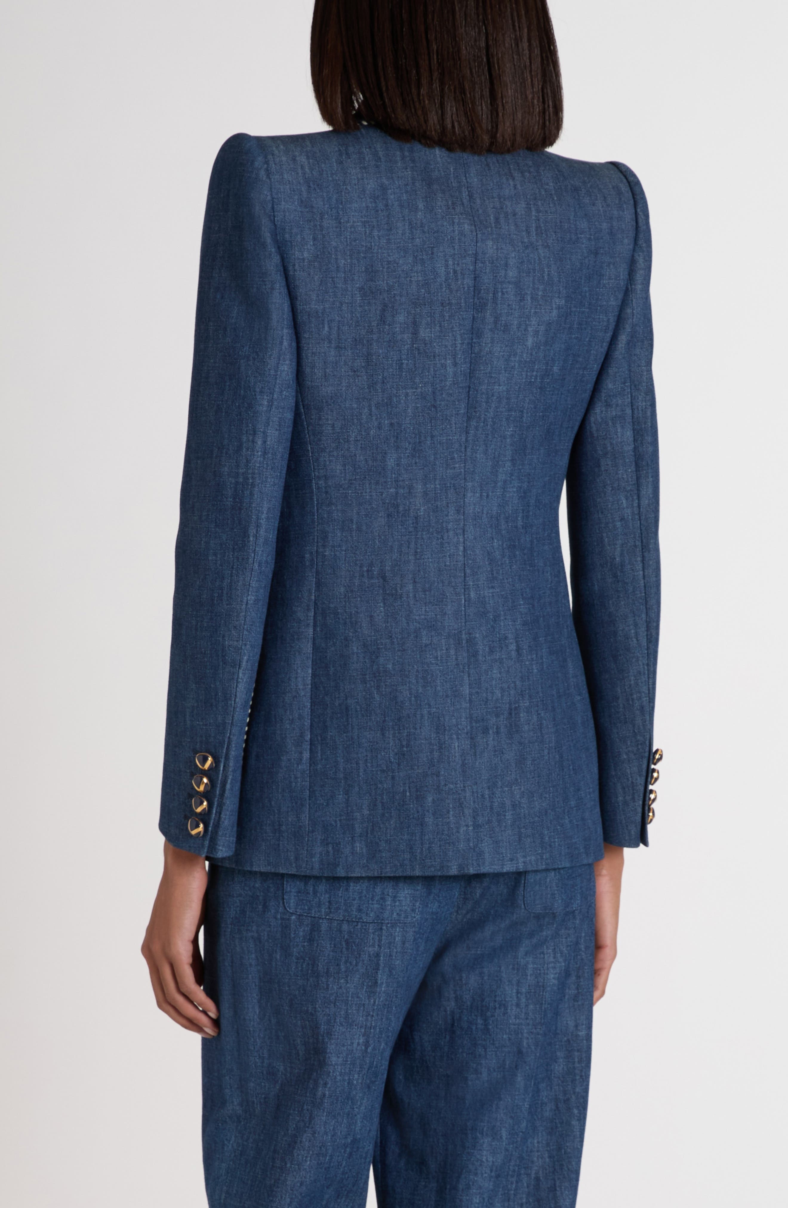 Valentino Garavani Piped Double Breasted Denim Blazer in Navy at Nordstrom - 3