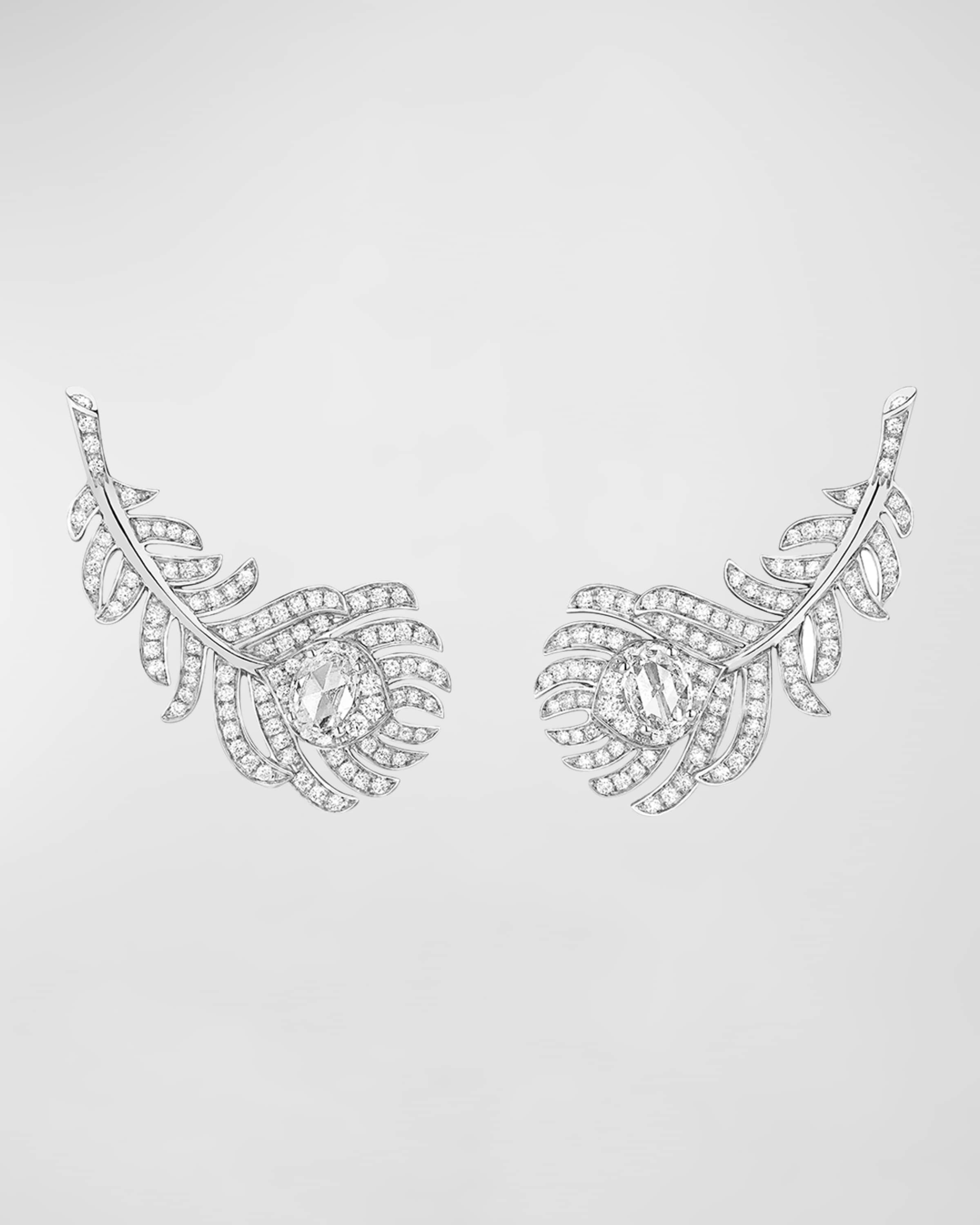 Plume de Paon White Gold Diamond Omega Clip Earrings - 1