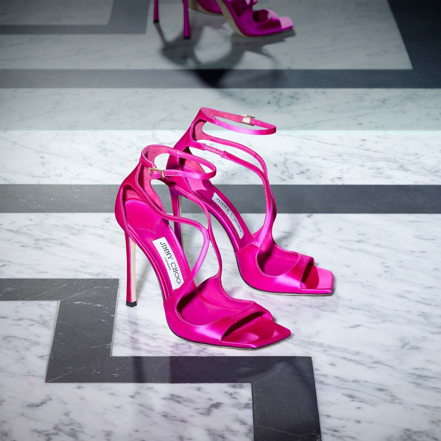 JIMMY CHOO Azia 110 Fuchsia Satin Sandals | REVERSIBLE