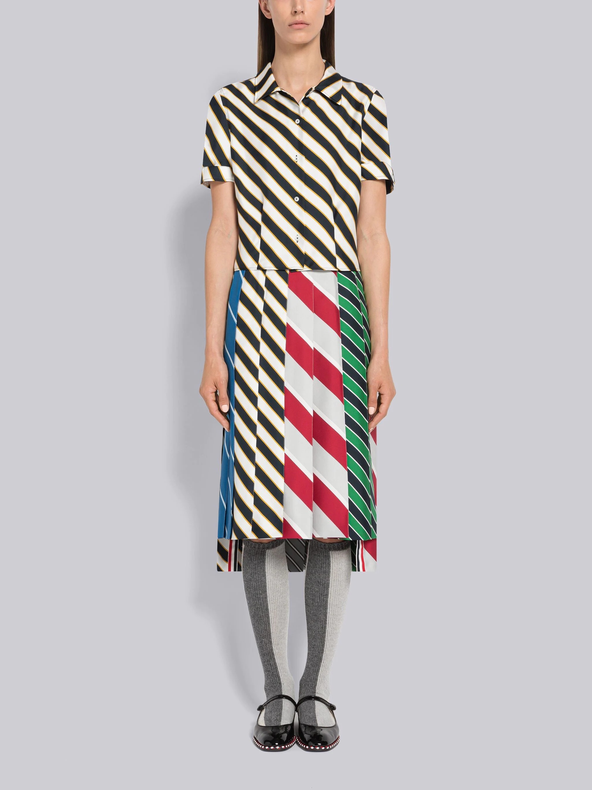 Awning Stripe Silk Twill Short Sleeve Tucked Blouse - 4
