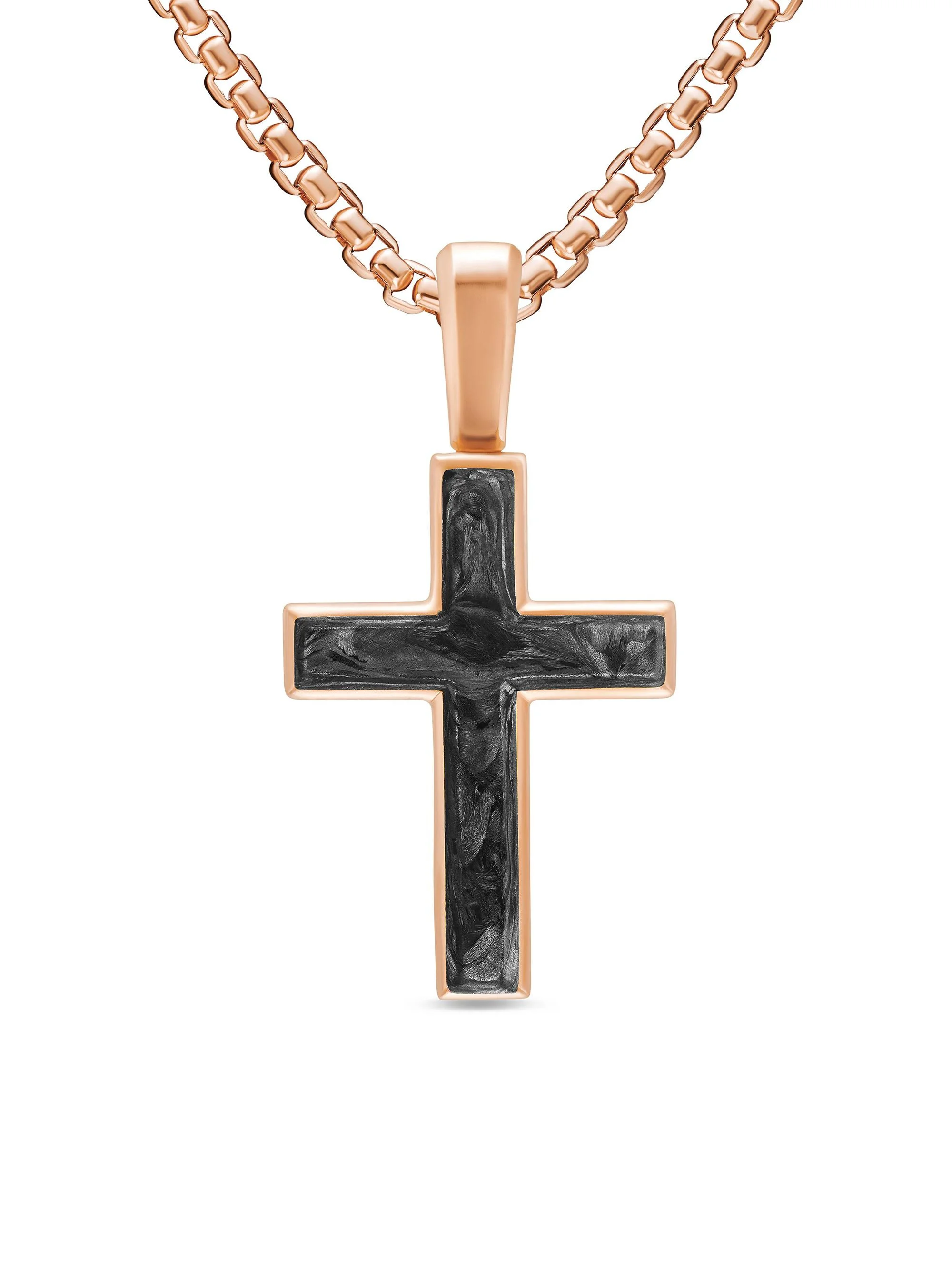 Men's Cross Amulet in 18K Rose Gold with Forged Carbon, 24MM - Forged Carbon - 1