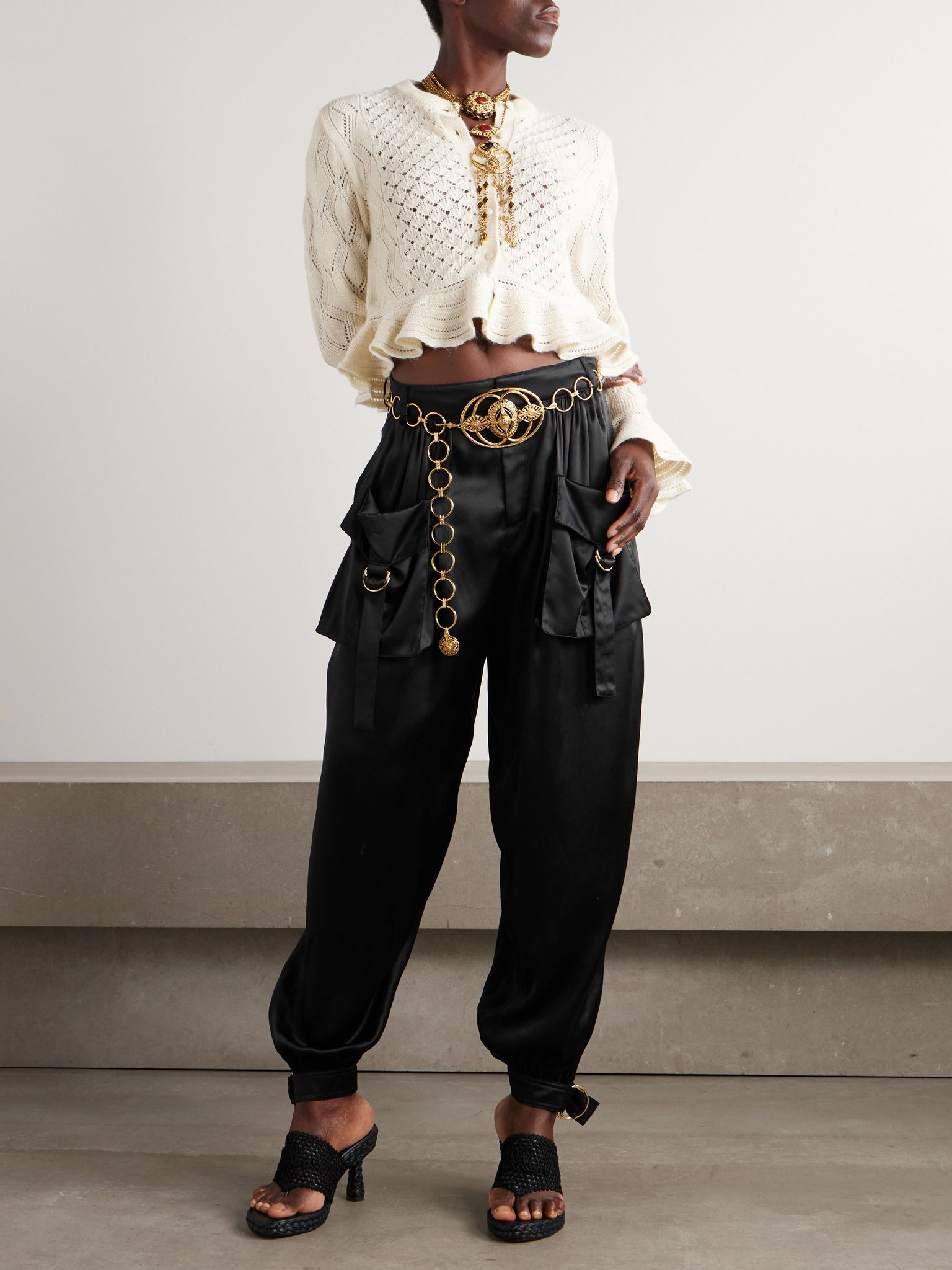 Embellished pleated silk-satin tapered pants Black - 2