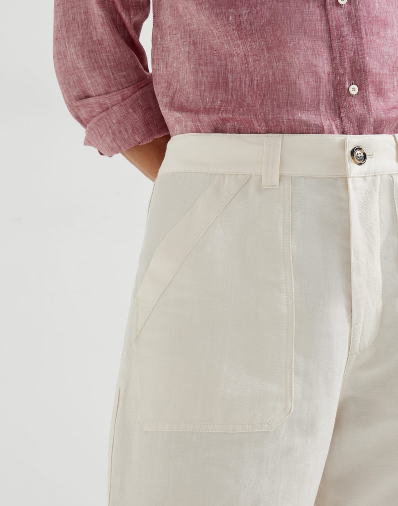 Linen and cotton drill trousers with patch pockets and drawstring 4
