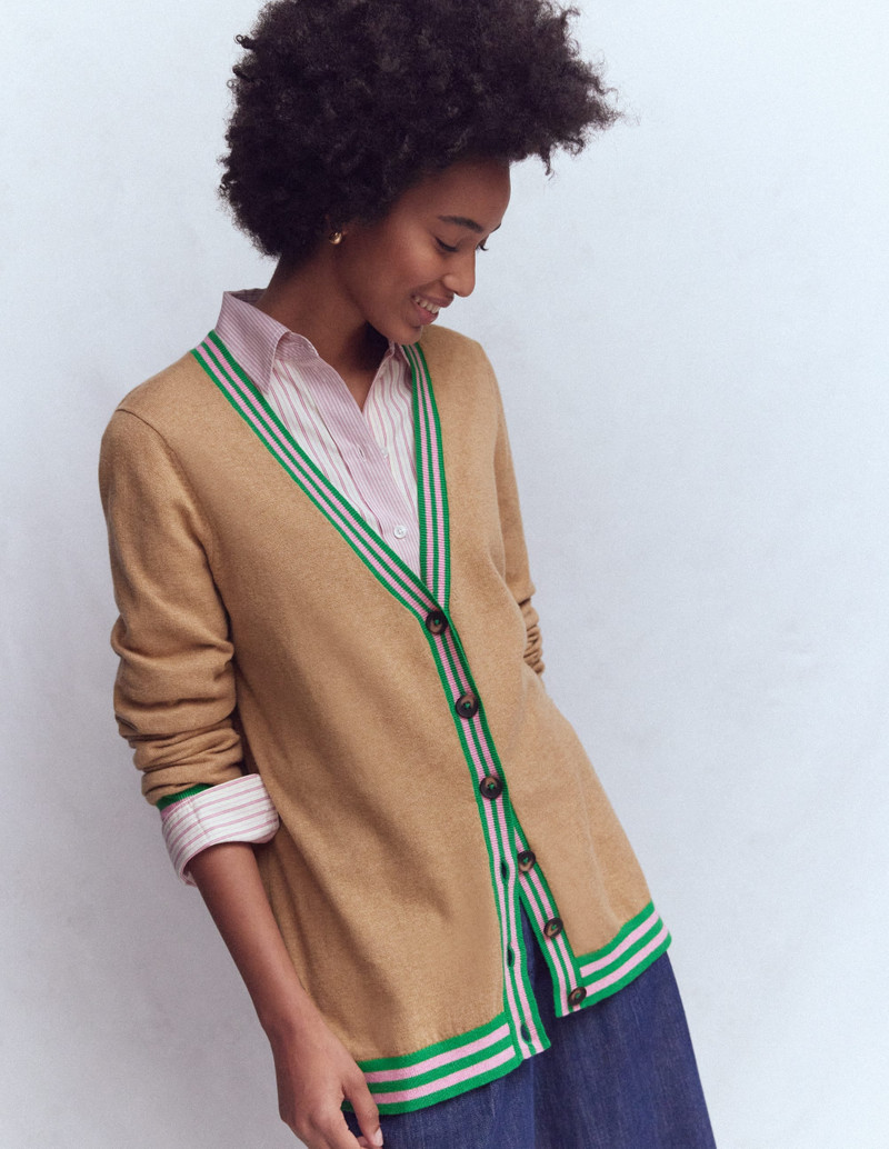 V Neck Longline Cardigan-Camel Melange 1