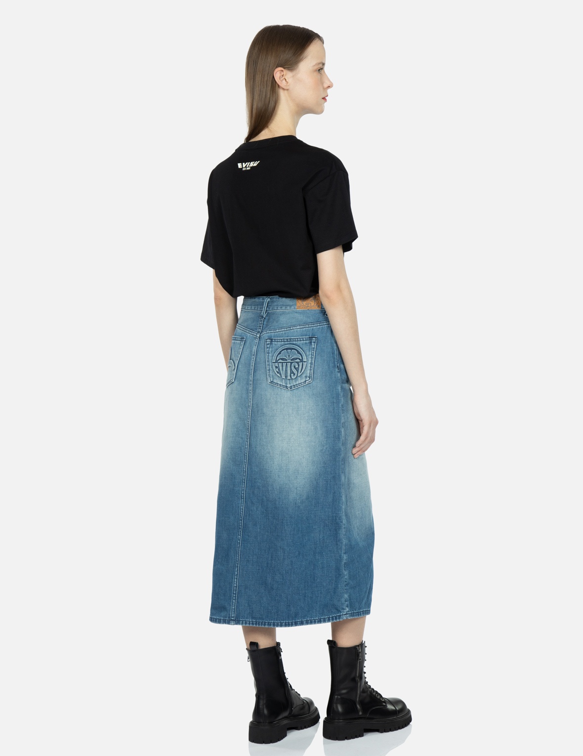 SEAGULL AND KAMON EMBOSSED DENIM SKIRT - 4