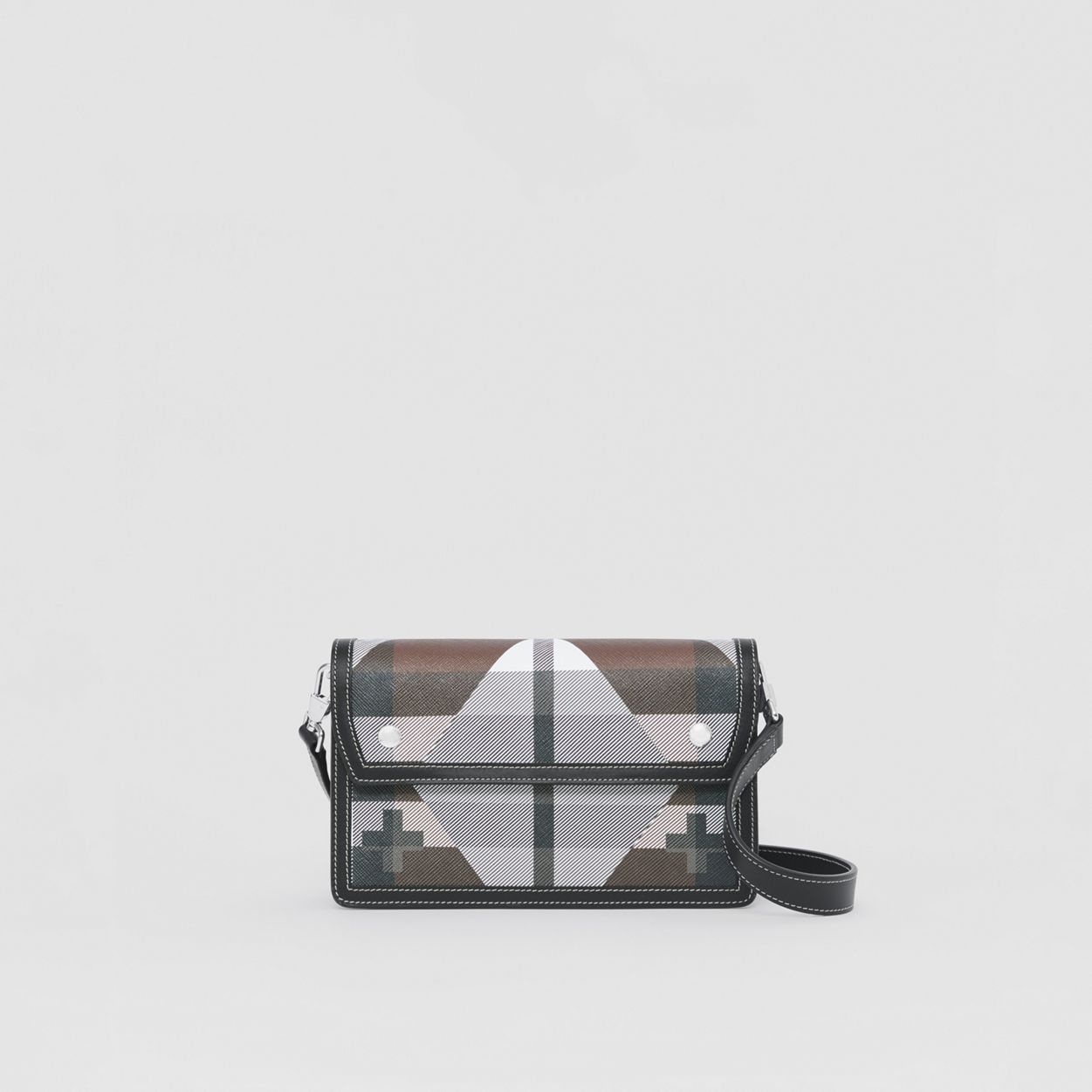 Geometric Check and Leather Crossbody Bag - 1