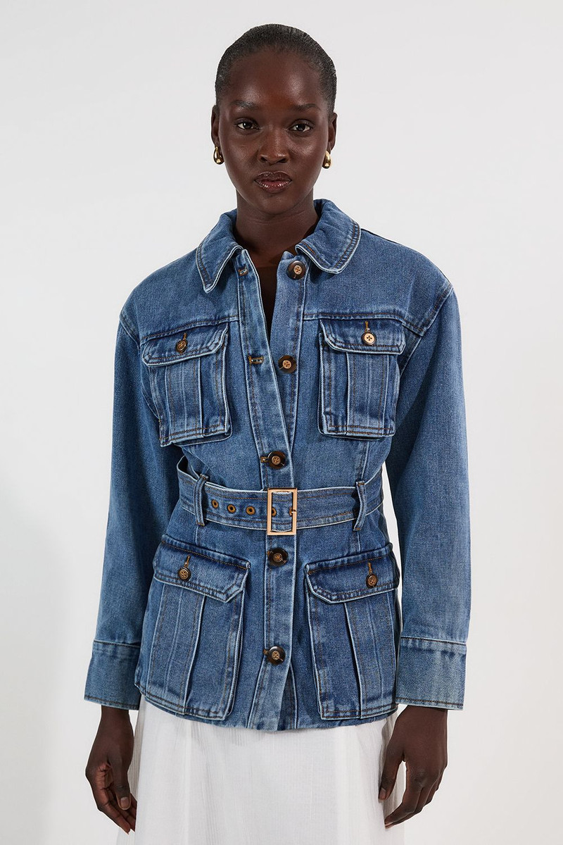 Denim Pocket Detail Belted Safari Jacket 1
