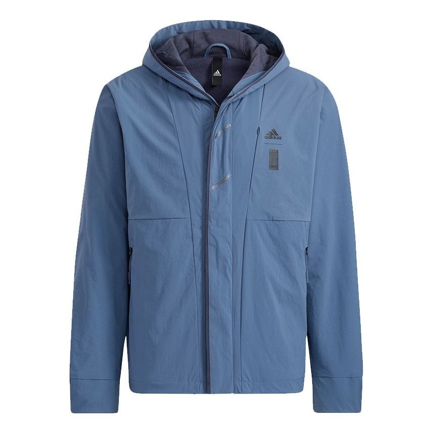 Men's adidas Wj Wv Jkt Martial Arts Series Logo Hooded Fleece Lined Sports Jacket Sky Blue HE5118 - 1