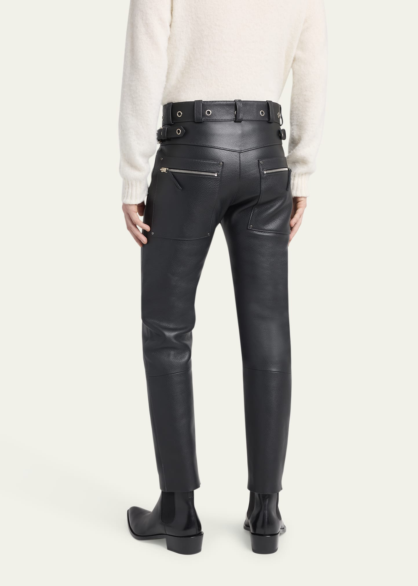 Men's Slim Fit Grained Leather Biker Pants - 3