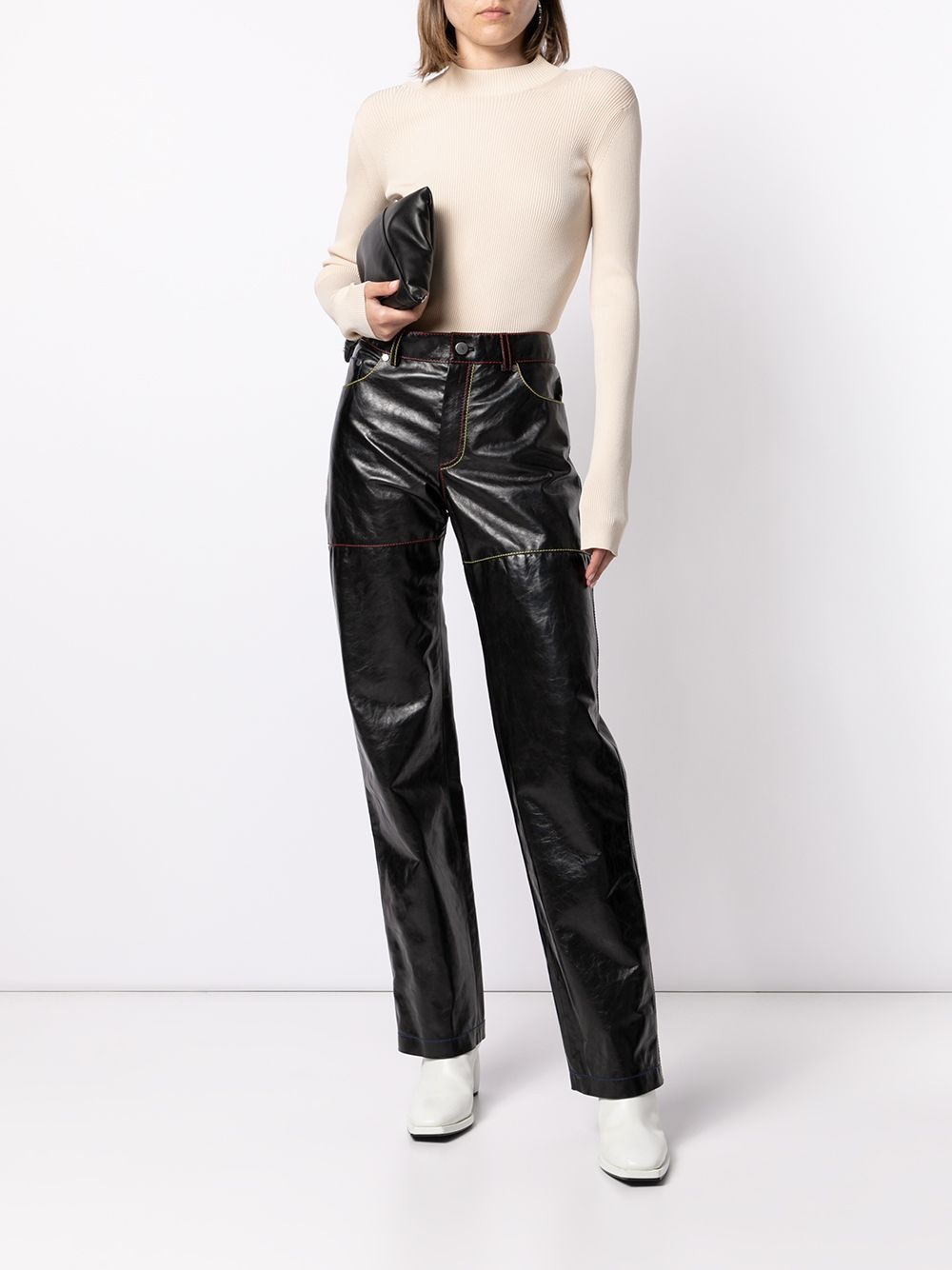 contrast-stitching leather trousers - 4