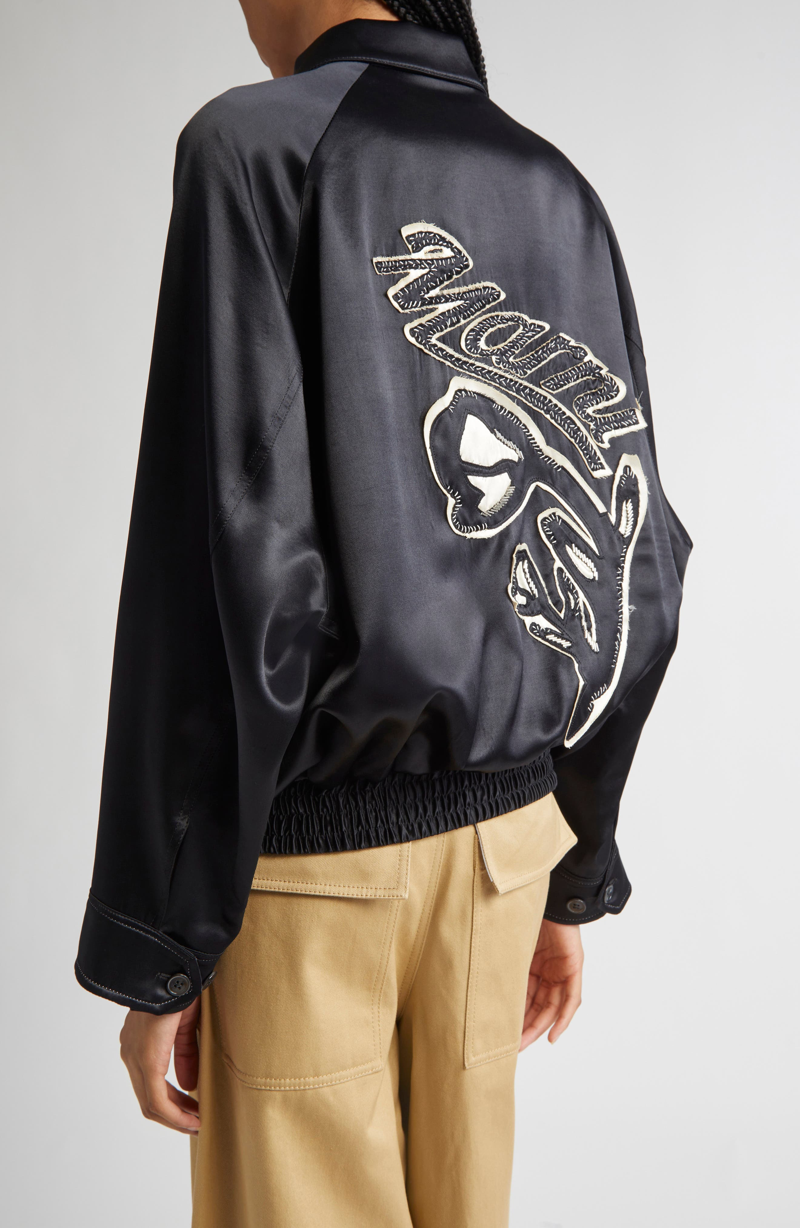 Marni Embroidered Satin Bomber Jacket in 00N99 Black at Nordstrom - 3