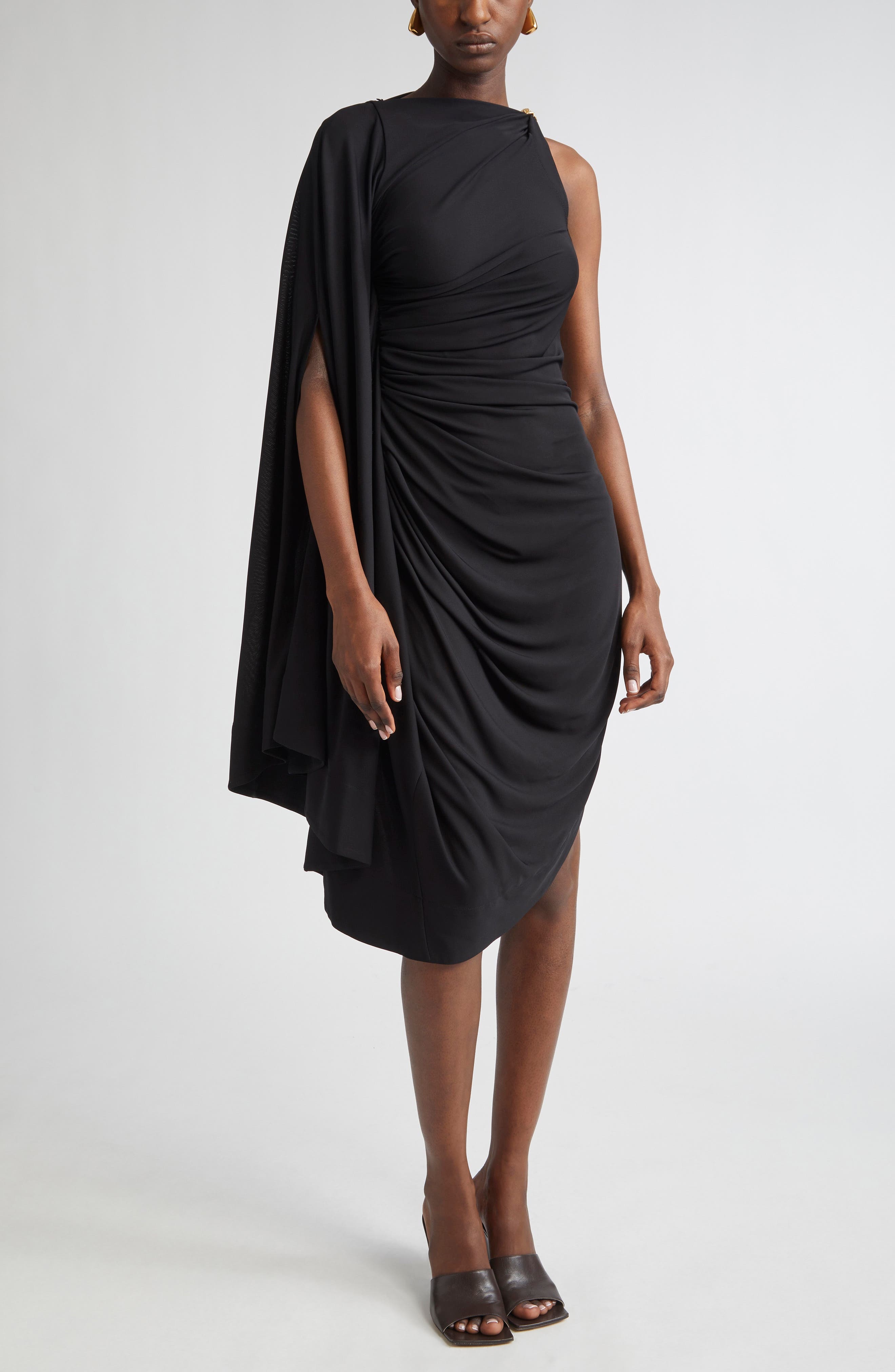 Bottega Veneta Asymmetric Ruched Jersey Dress in 1000 Black at Nordstrom - 1
