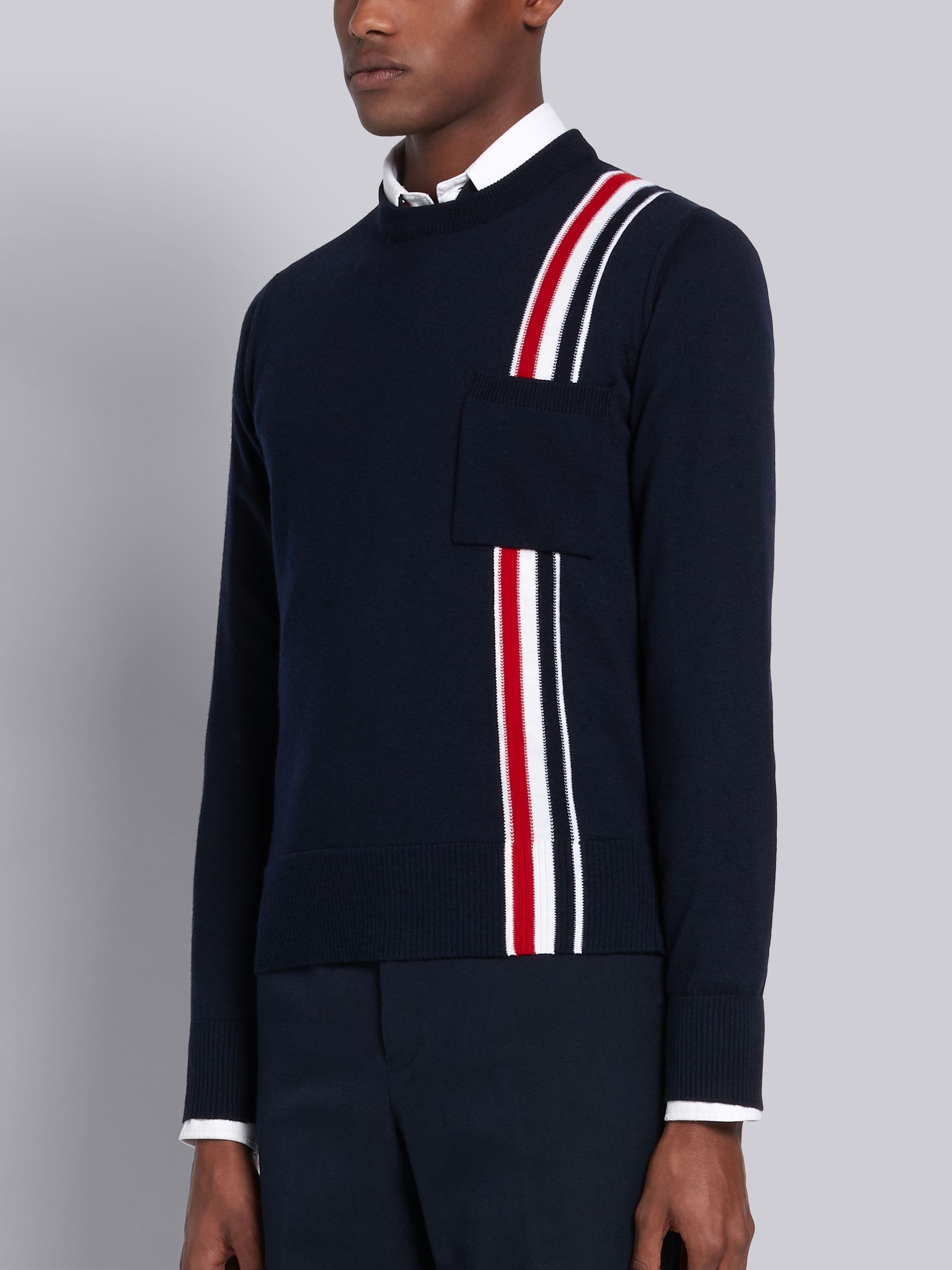 Navy Merino Wool Jersey Tricolor Intarsia Stripe Crewneck Pullover - 2