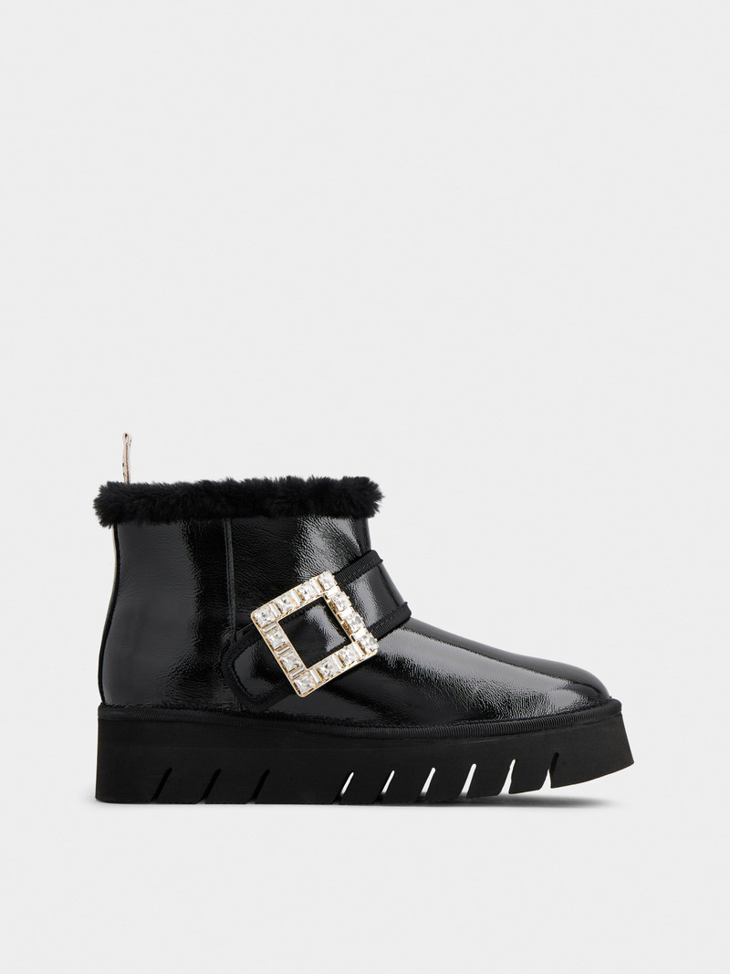 Viv' Winter Fur Strass Buckle Ankle Boots in Patent Leather 1