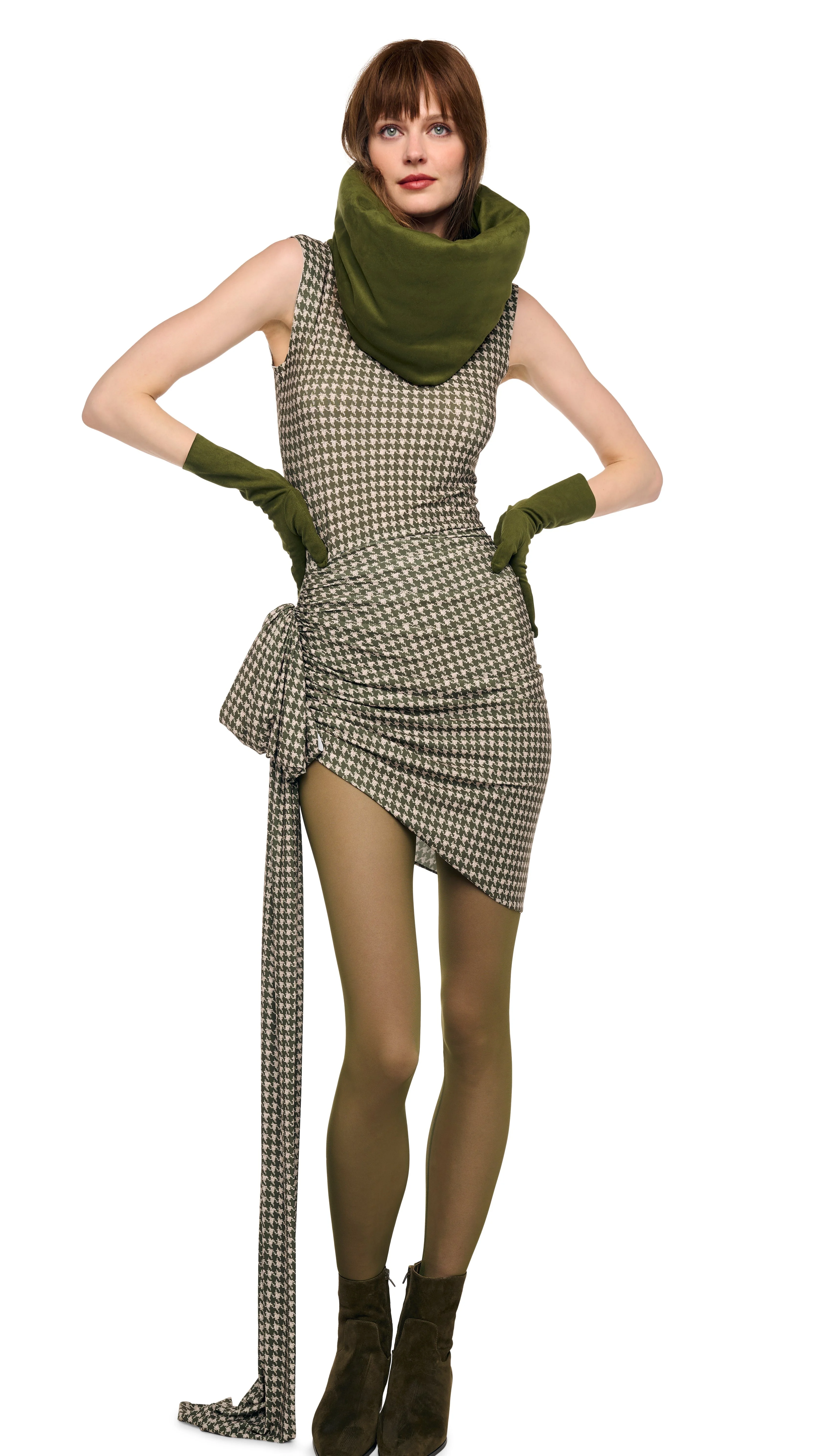 SLEEVELESS SIDE DRAPE MINI DRESS W/ BOW - 1