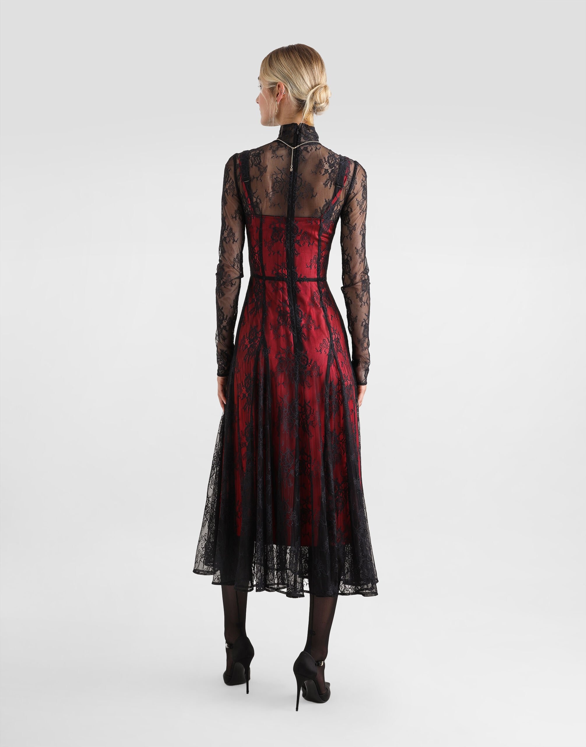 Lace calf-length dress with high neck and contrasting lining - 3