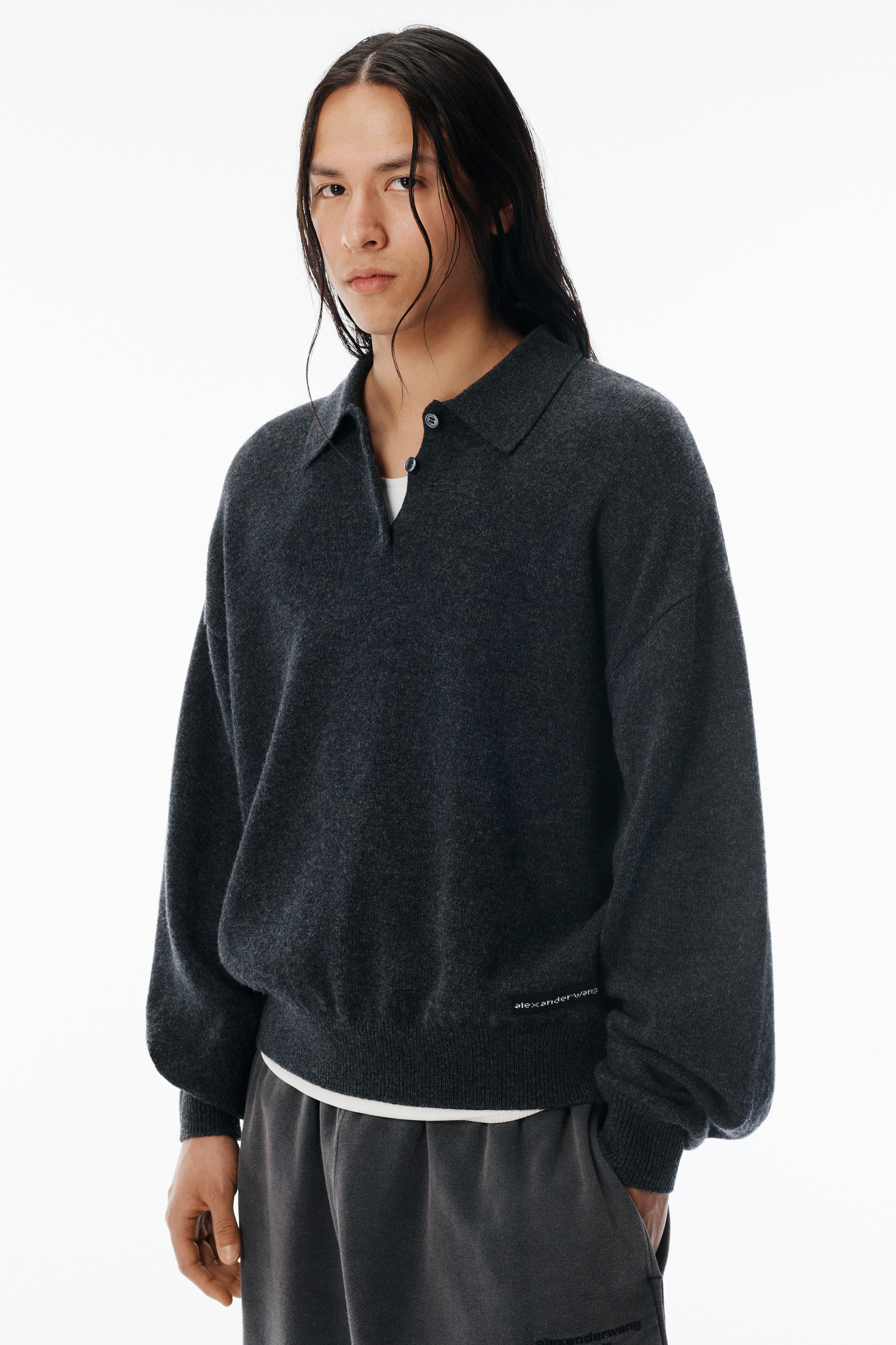 Charcoal Wool-Blend Henley Pullover - 3