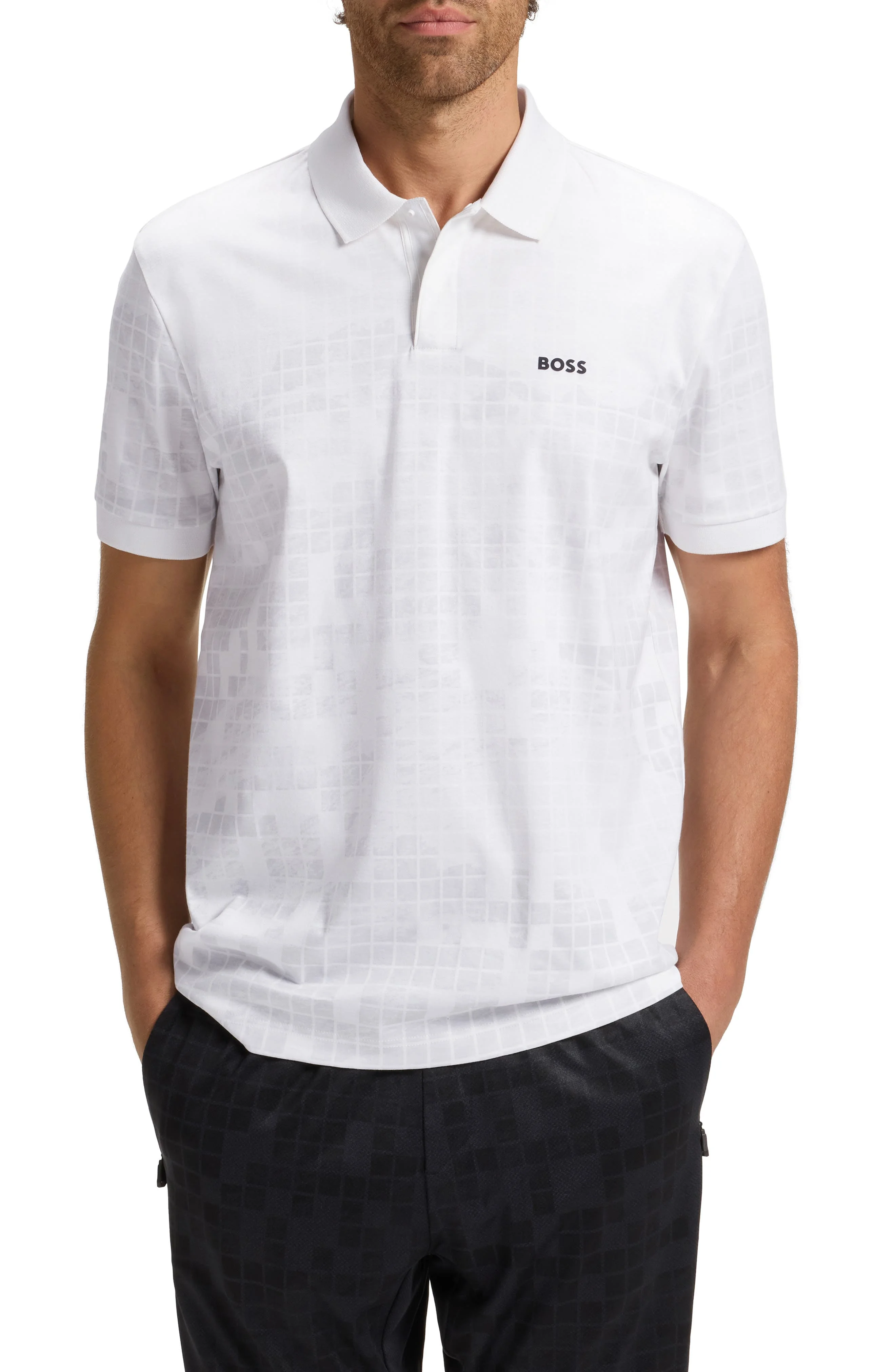 BOSS Grid Print Cotton Polo in White at Nordstrom - 1