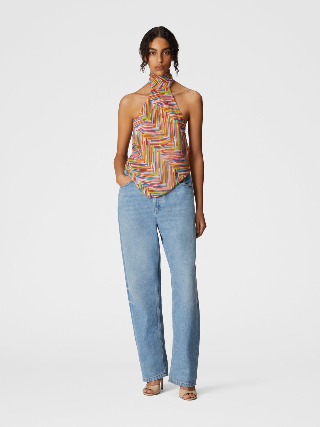 Sleeveless turtleneck top in printed cotton and silk blend - 2