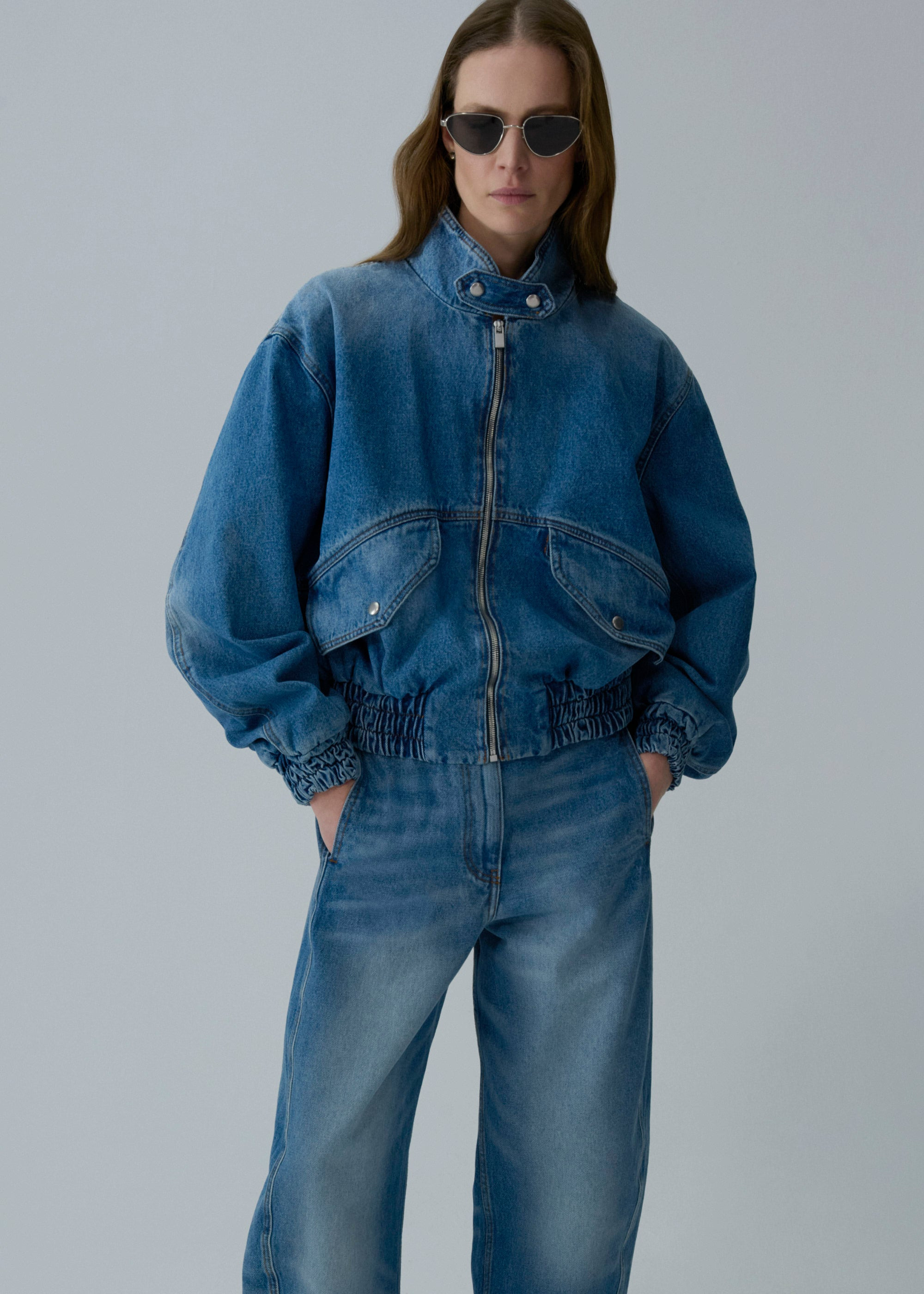 Cropped denim bomber jacket in light blue - 3